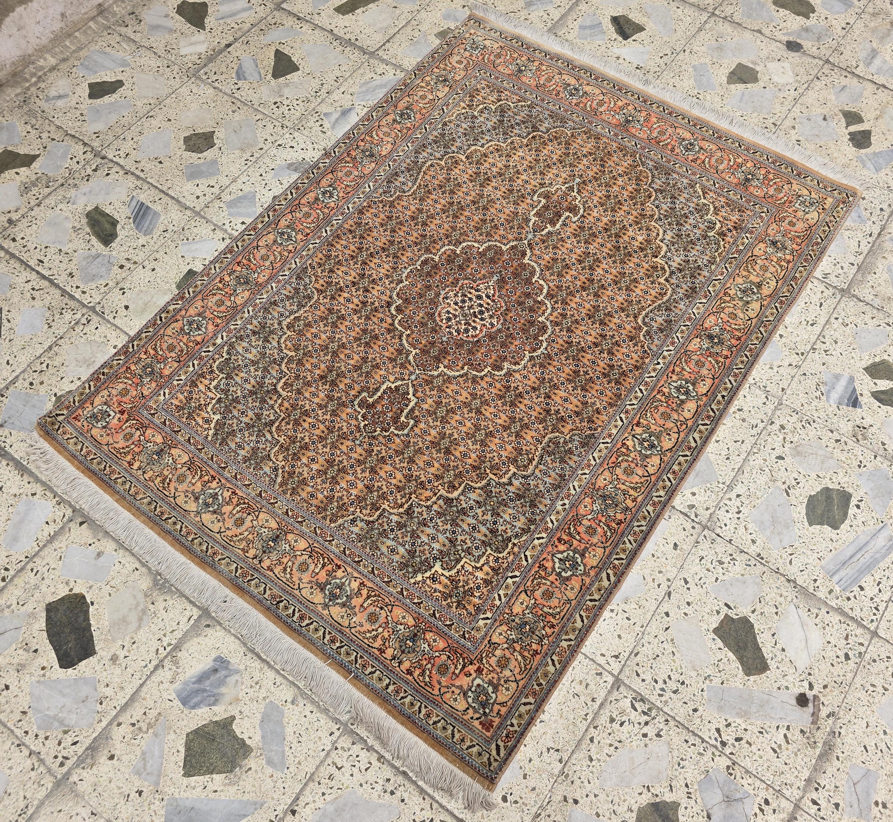 3x5ft Vintage Tabriz Persian Rug – Hand-Knotted Wool Rug, Peach & Blue Medallion Design, Floral Border, Collectible Oriental Carpet