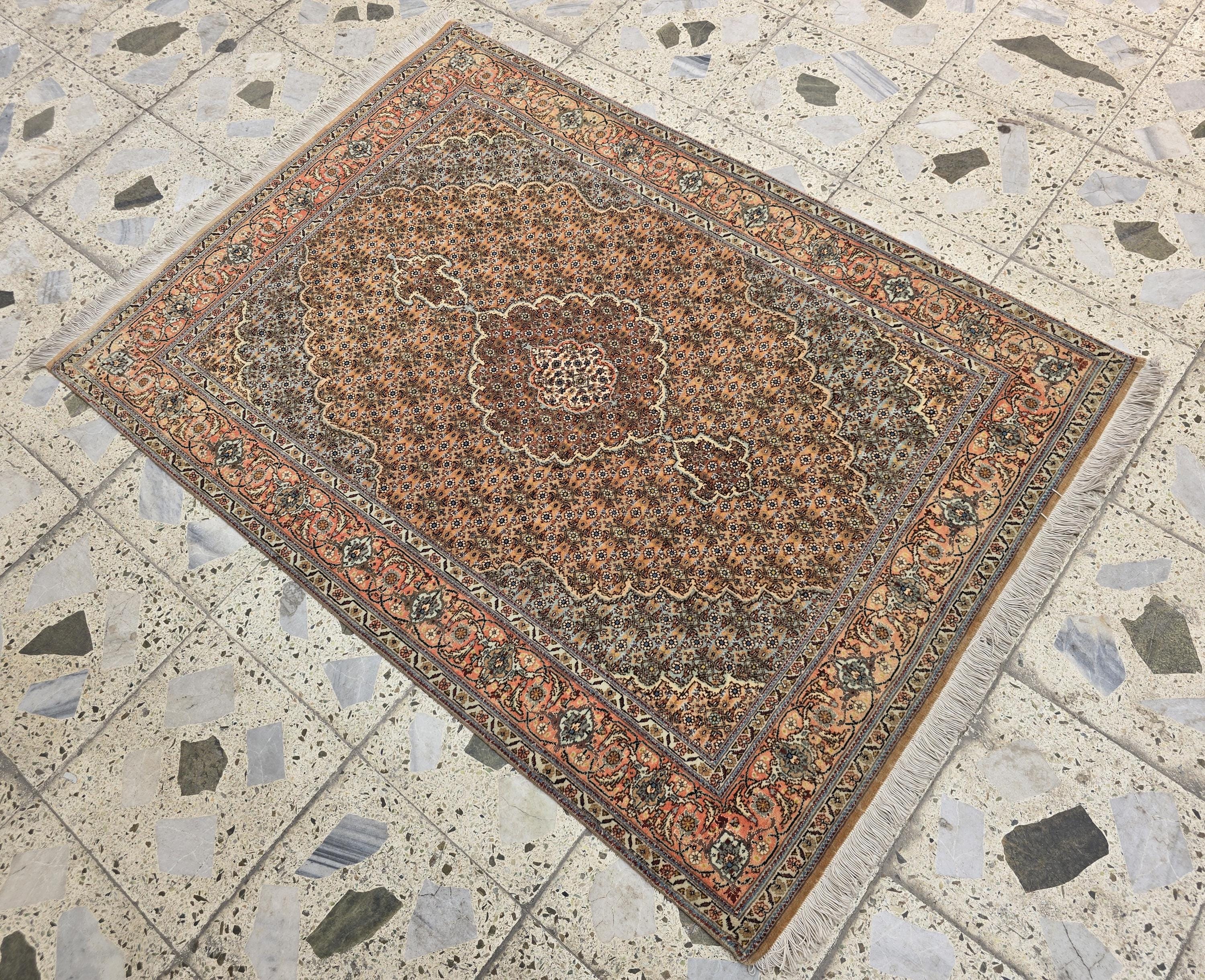 3x5ft Vintage Tabriz Persian Rug – Hand-Knotted Wool Rug, Peach & Blue Medallion Design, Floral Border, Collectible Oriental Carpet