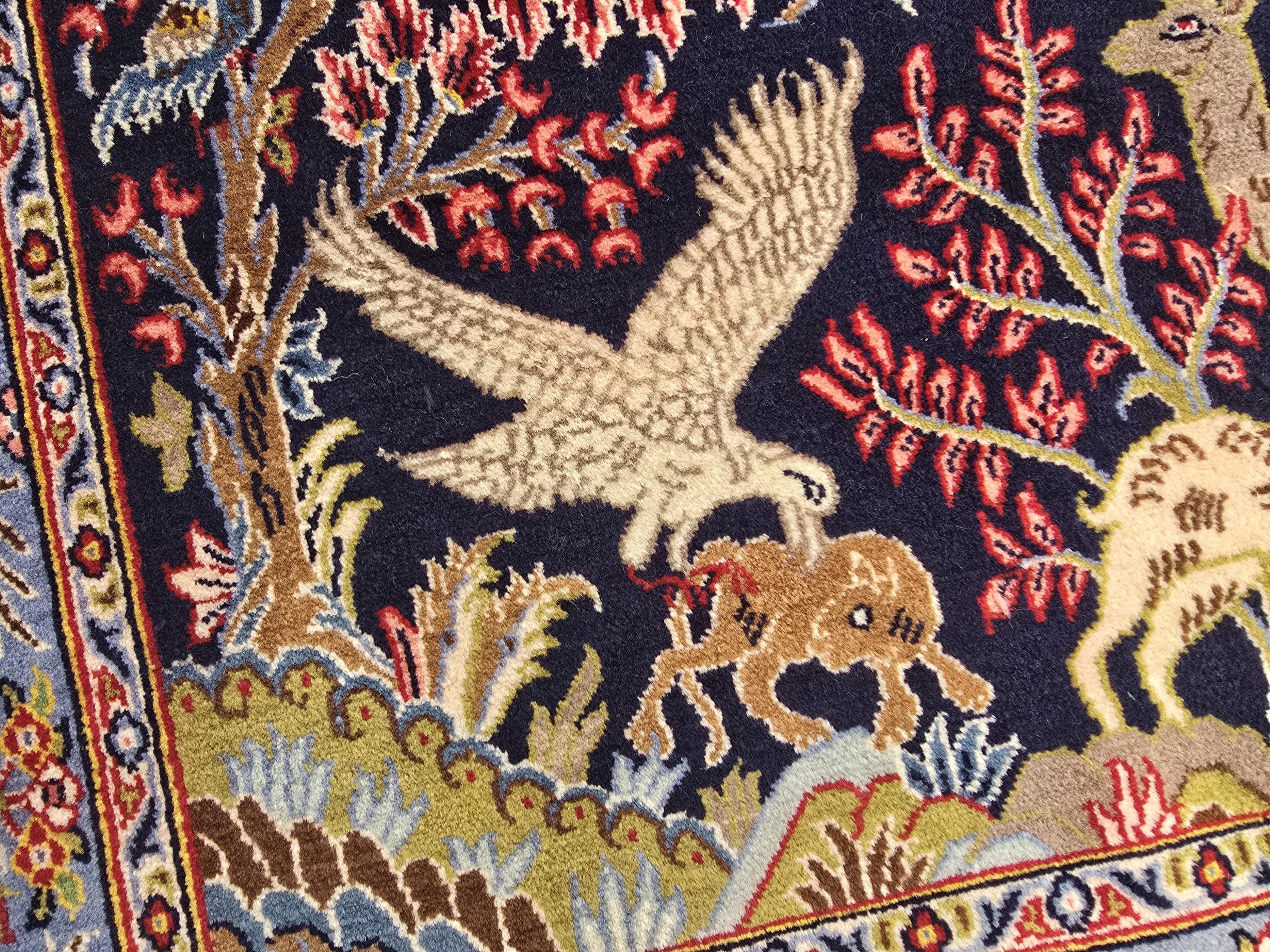 Wall Decor Kashan Hunter Rug 3x2ft – Vintage Persian Wall Hanging, Hand-Knotted Wool Rug with Hunting Scene, Collectible Art Tapestry