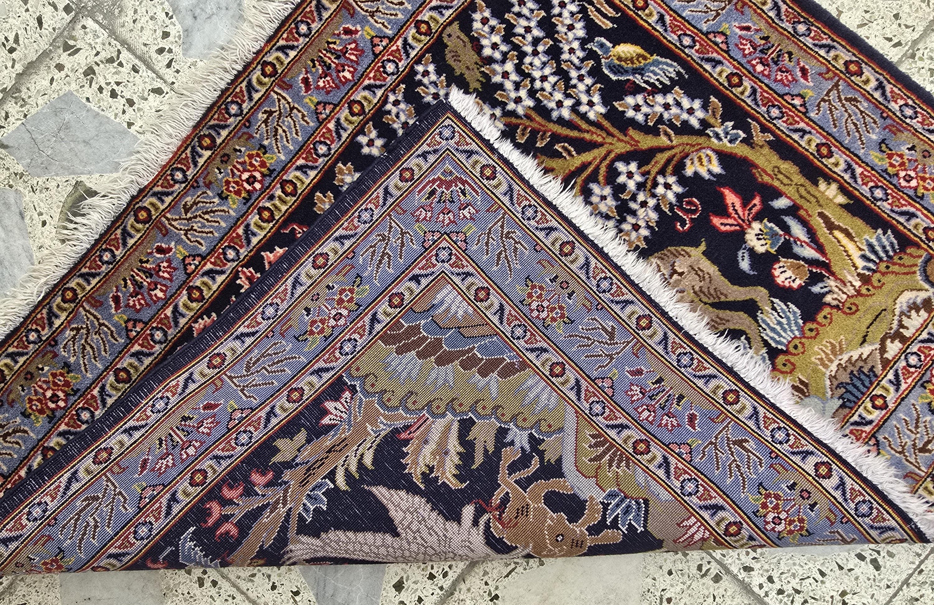 Wall Decor Kashan Hunter Rug 3x2ft – Vintage Persian Wall Hanging, Hand-Knotted Wool Rug with Hunting Scene, Collectible Art Tapestry