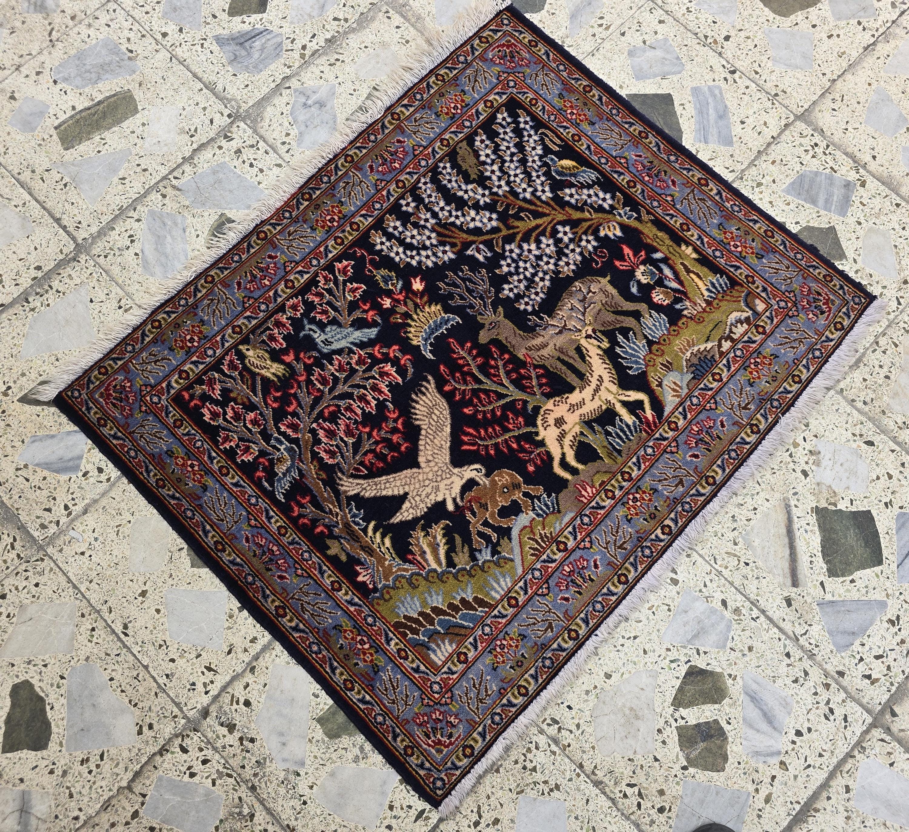 Wall Decor Kashan Hunter Rug 3x2ft – Vintage Persian Wall Hanging, Hand-Knotted Wool Rug with Hunting Scene, Collectible Art Tapestry
