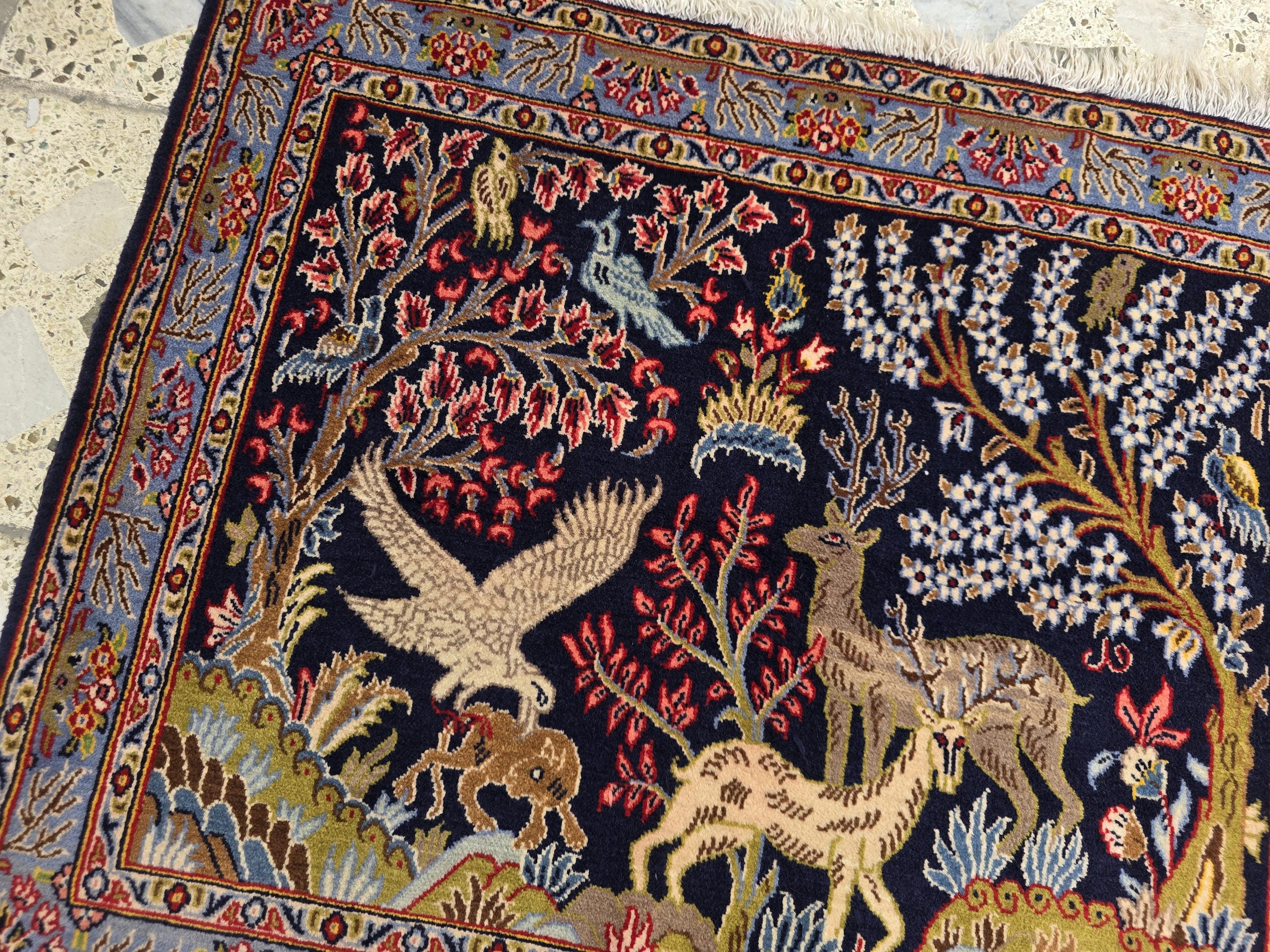 Wall Decor Kashan Hunter Rug 3x2ft – Vintage Persian Wall Hanging, Hand-Knotted Wool Rug with Hunting Scene, Collectible Art Tapestry