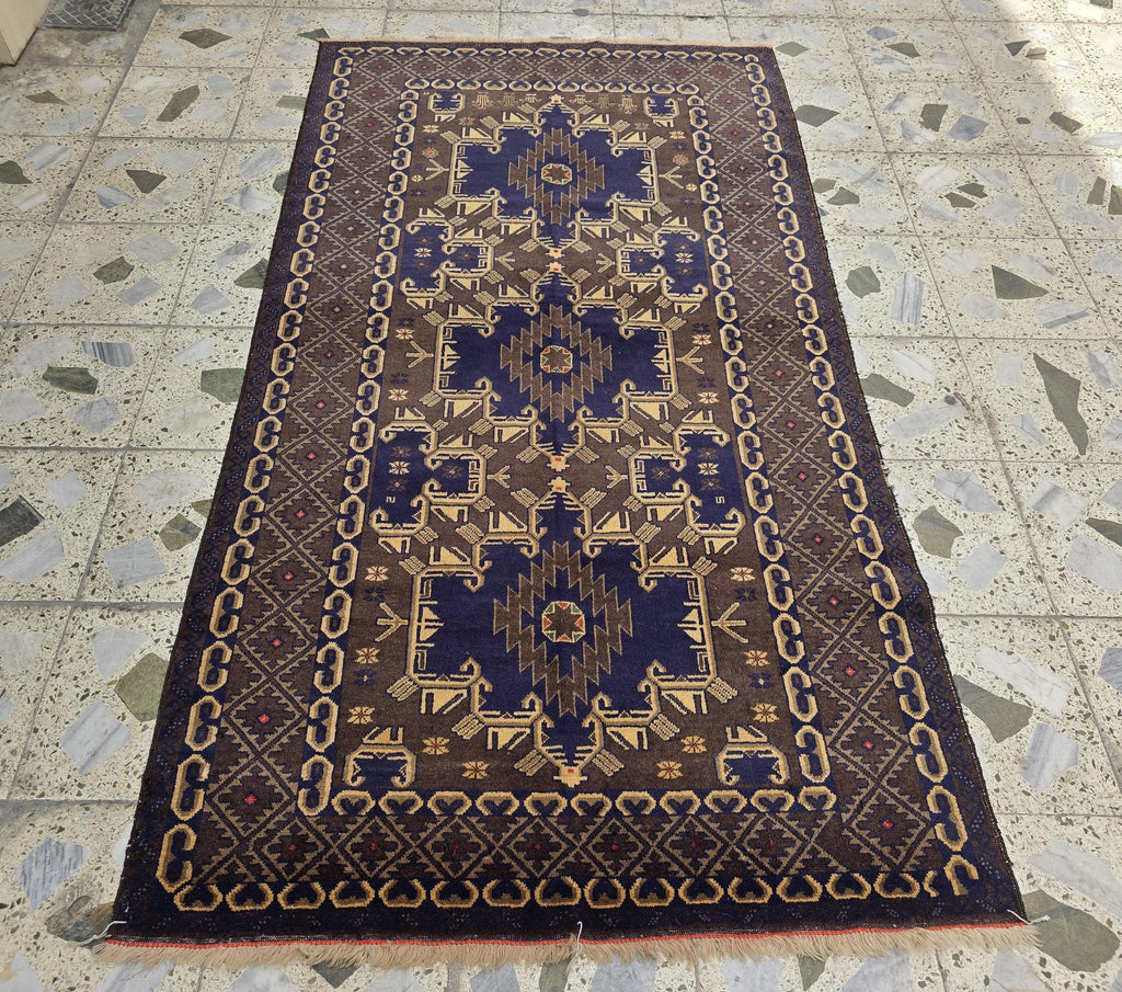 4x7ft Vintage Baluchi Rug Handwoven Tribal Afghan Carpet | Deep Indigo Blue & Earthy Brown Tones | Geometric Nomadic Design | Wool Area Rug