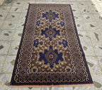 4x7ft Vintage Baluchi Rug Handwoven Tribal Afghan Carpet | Deep Indigo Blue & Earthy Brown Tones | Geometric Nomadic Design | Wool Area Rug