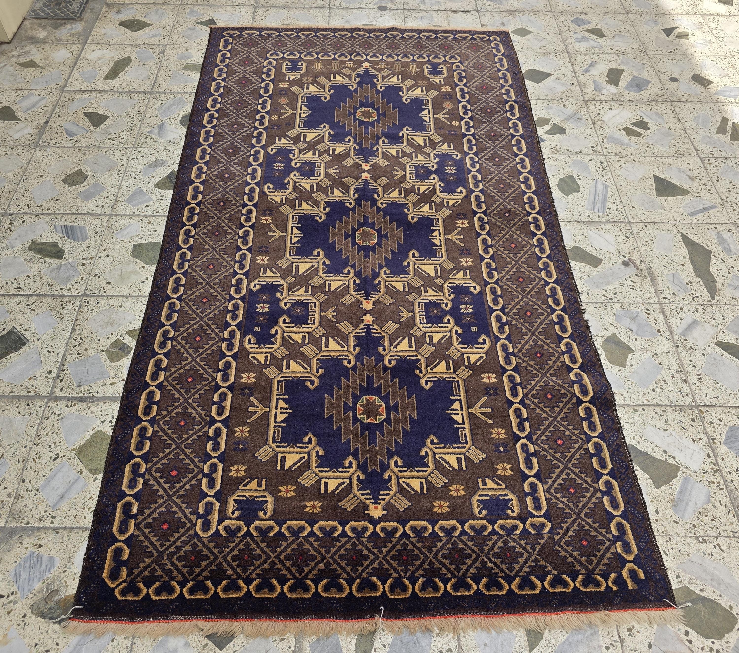 4x7ft Vintage Baluchi Rug Handwoven Tribal Afghan Carpet | Deep Indigo Blue & Earthy Brown Tones | Geometric Nomadic Design | Wool Area Rug