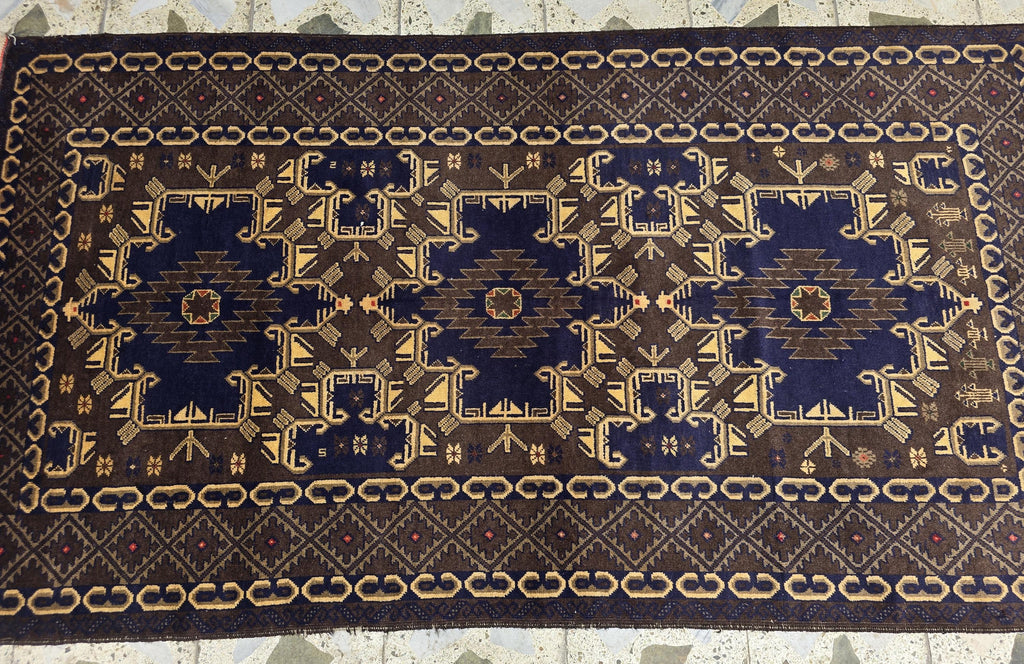 4x7ft Vintage Baluchi Rug Handwoven Tribal Afghan Carpet | Deep Indigo Blue & Earthy Brown Tones | Geometric Nomadic Design | Wool Area Rug