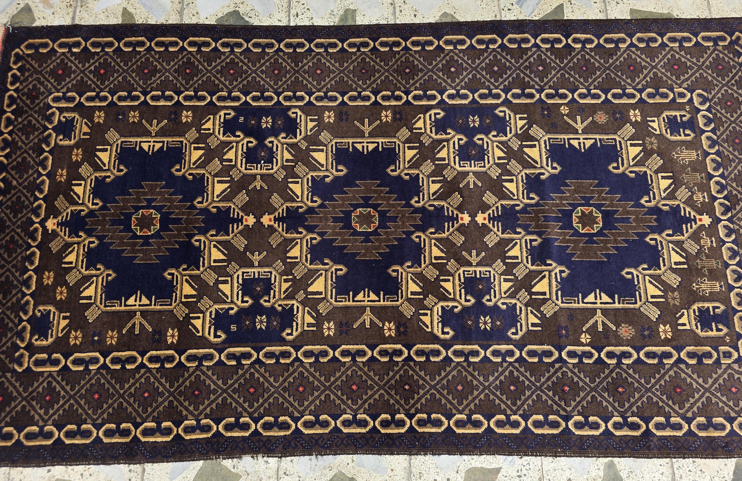 4x7ft Vintage Baluchi Rug Handwoven Tribal Afghan Carpet | Deep Indigo Blue & Earthy Brown Tones | Geometric Nomadic Design | Wool Area Rug