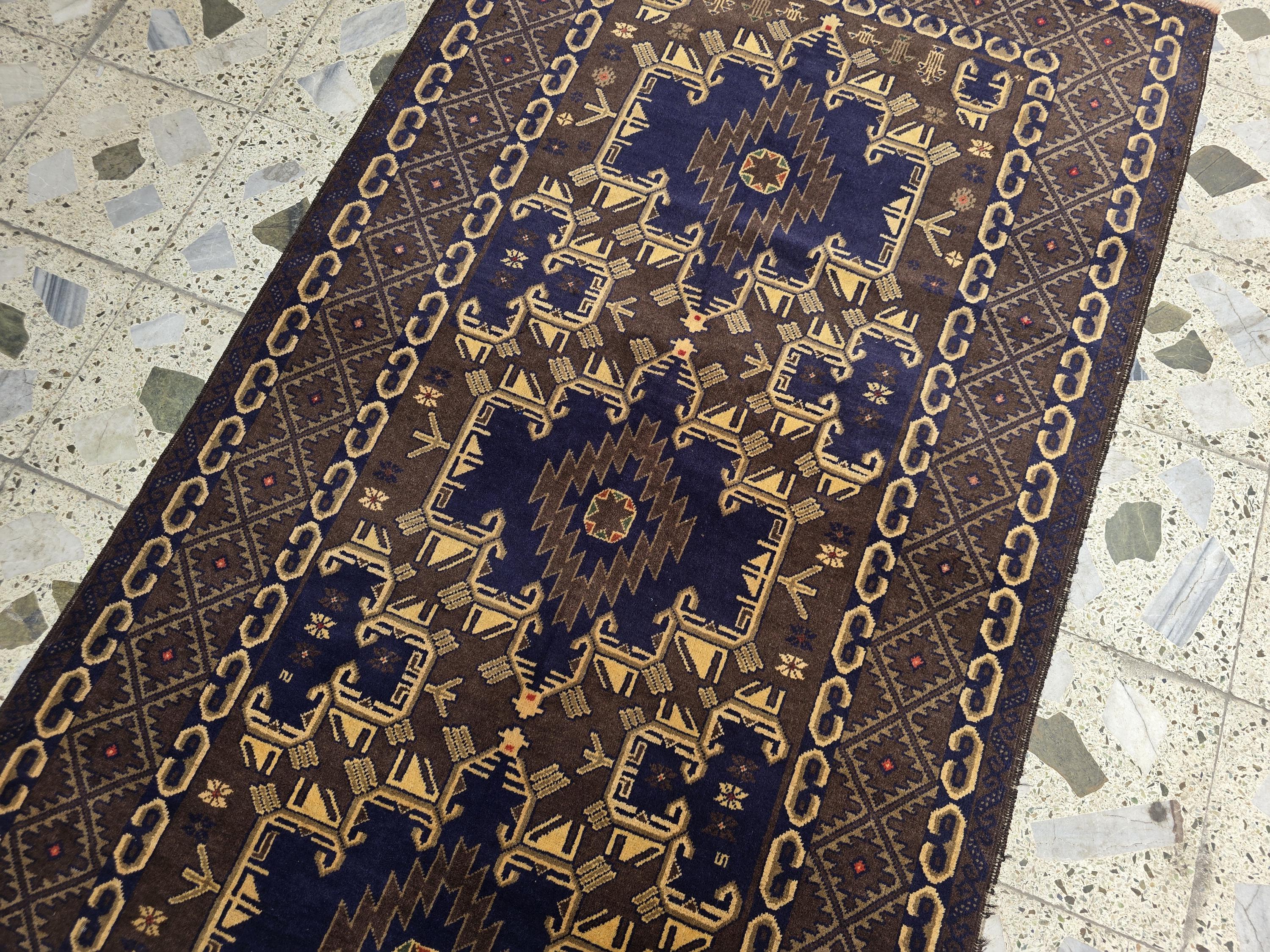 4x7ft Vintage Baluchi Rug Handwoven Tribal Afghan Carpet | Deep Indigo Blue & Earthy Brown Tones | Geometric Nomadic Design | Wool Area Rug