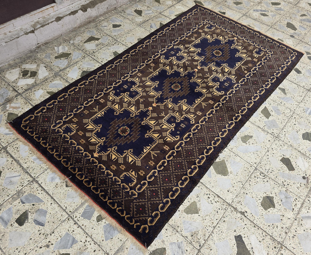4x7ft Vintage Baluchi Rug Handwoven Tribal Afghan Carpet | Deep Indigo Blue & Earthy Brown Tones | Geometric Nomadic Design | Wool Area Rug