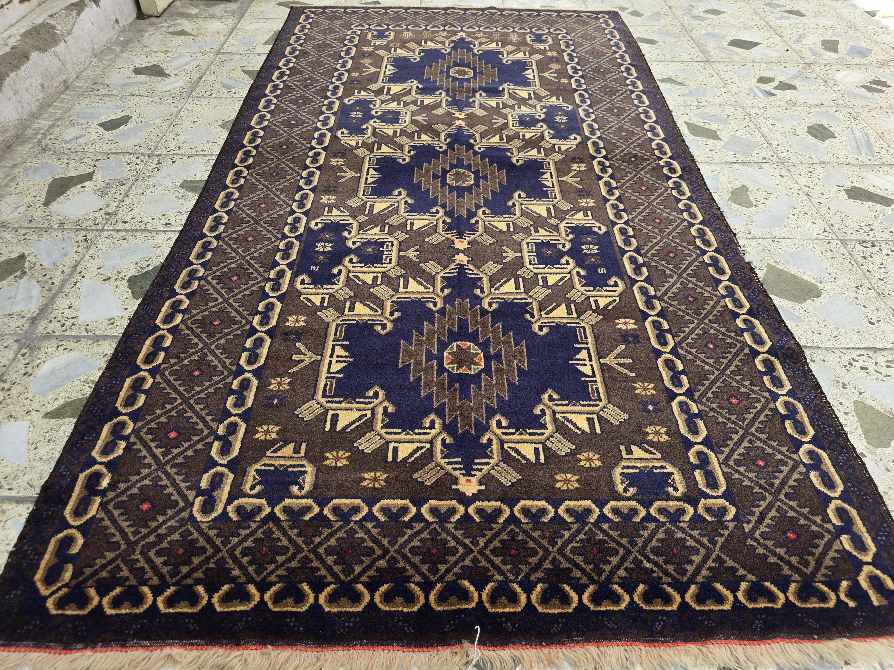 4x7ft Vintage Baluchi Rug Handwoven Tribal Afghan Carpet | Deep Indigo Blue & Earthy Brown Tones | Geometric Nomadic Design | Wool Area Rug