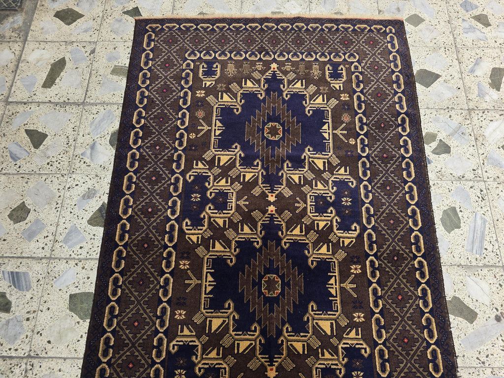 4x7ft Vintage Baluchi Rug Handwoven Tribal Afghan Carpet | Deep Indigo Blue & Earthy Brown Tones | Geometric Nomadic Design | Wool Area Rug