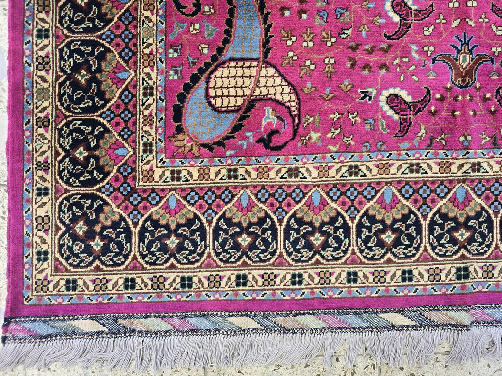 5x7ft Handmade Persian Tabriz Rug – Fuchsia Pink & Navy Wool Area Rug, Medallion Mandala Design – Traditional Living Room Accent Carpet