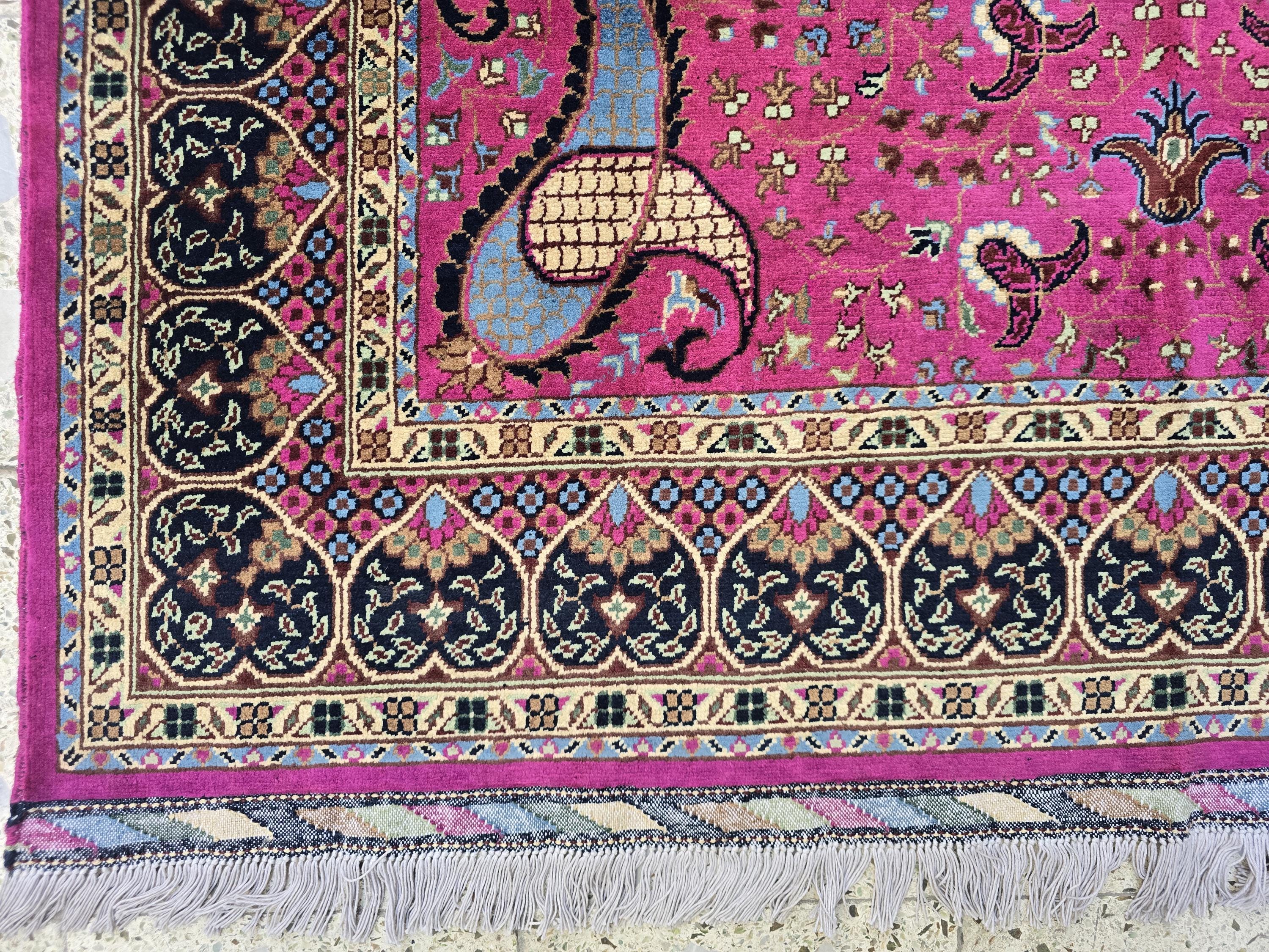 5x7ft Handmade Persian Tabriz Rug – Fuchsia Pink & Navy Wool Area Rug, Medallion Mandala Design – Traditional Living Room Accent Carpet