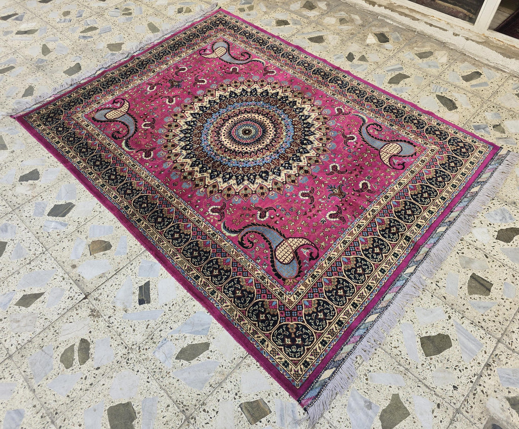 5x7ft Handmade Persian Tabriz Rug – Fuchsia Pink & Navy Wool Area Rug, Medallion Mandala Design – Traditional Living Room Accent Carpet
