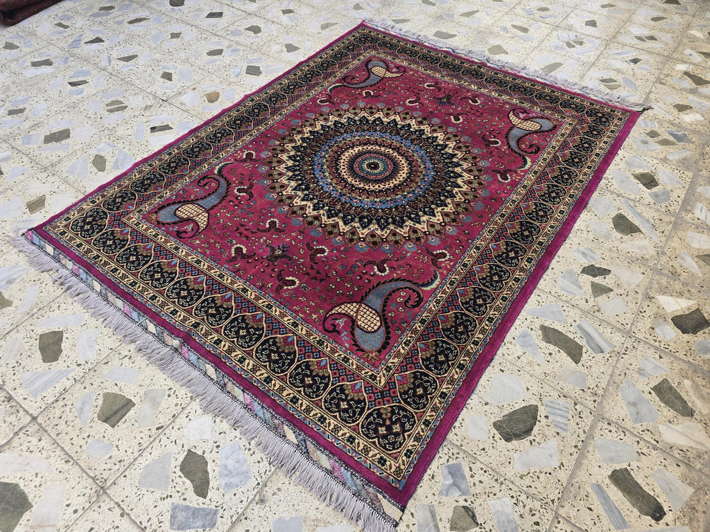 5x7ft Handmade Persian Tabriz Rug – Fuchsia Pink & Navy Wool Area Rug, Medallion Mandala Design – Traditional Living Room Accent Carpet