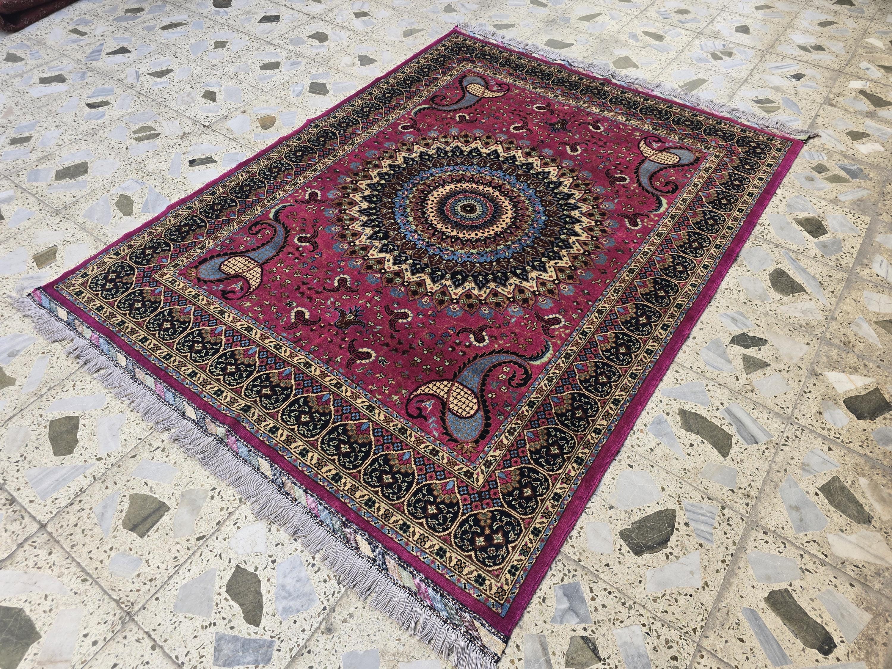 5x7ft Handmade Persian Tabriz Rug – Fuchsia Pink & Navy Wool Area Rug, Medallion Mandala Design – Traditional Living Room Accent Carpet