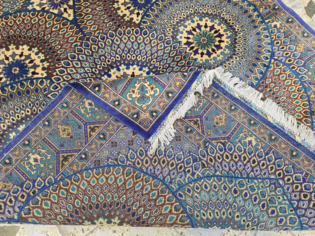 Handmade Persian Mahi Design Rug 5x7ft – Wool Area Carpet in Navy Blue, Cream & Teal – Geometric Floral Pattern – Elegant Living Room Decor