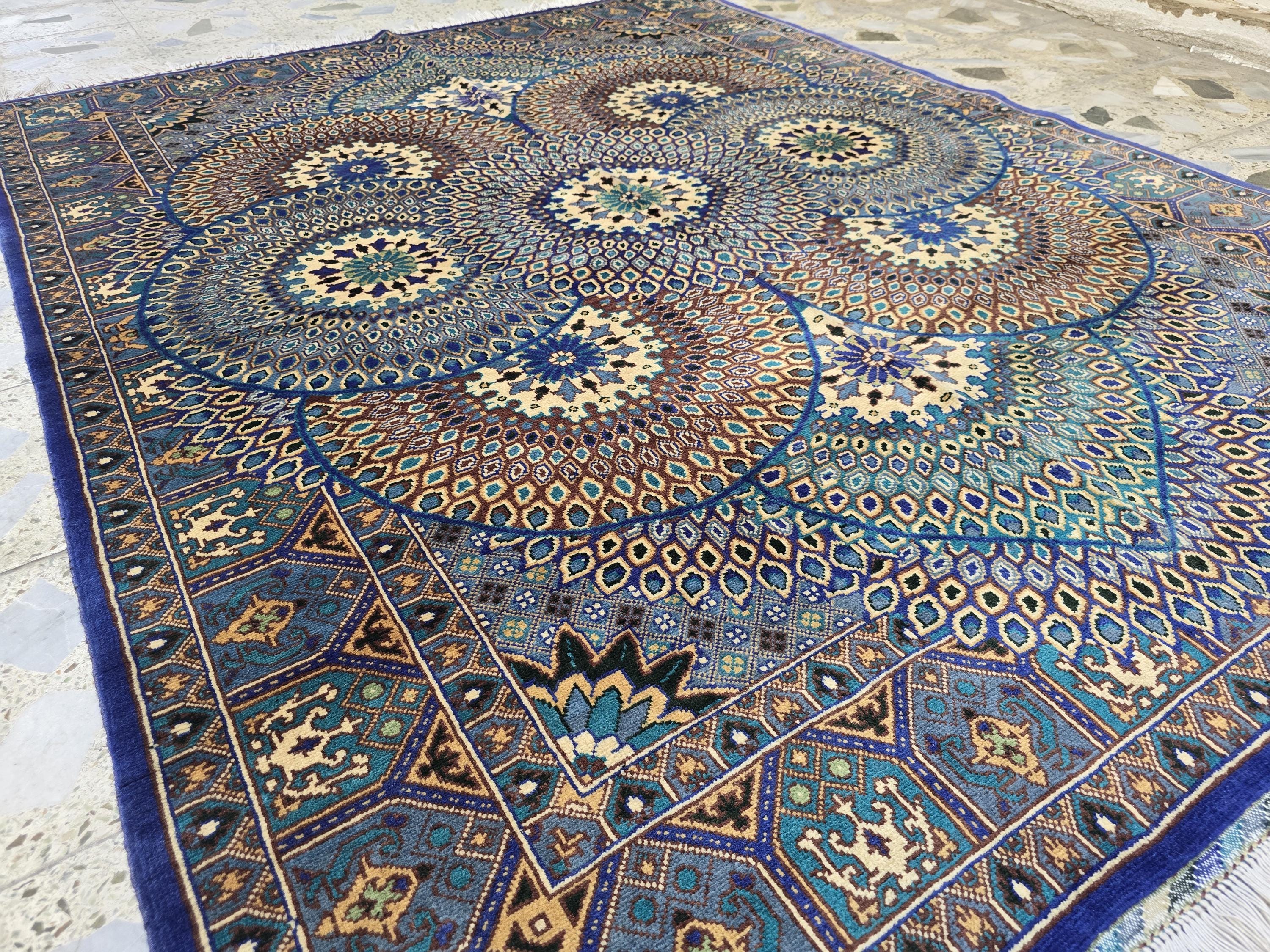 Handmade Persian Mahi Design Rug 5x7ft – Wool Area Carpet in Navy Blue, Cream & Teal – Geometric Floral Pattern – Elegant Living Room Decor