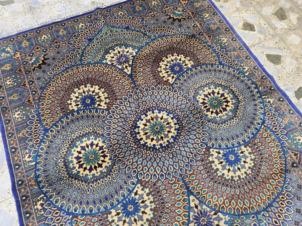 Handmade Persian Mahi Design Rug 5x7ft – Wool Area Carpet in Navy Blue, Cream & Teal – Geometric Floral Pattern – Elegant Living Room Decor