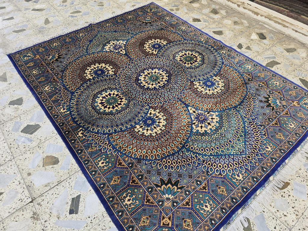 Handmade Persian Mahi Design Rug 5x7ft – Wool Area Carpet in Navy Blue, Cream & Teal – Geometric Floral Pattern – Elegant Living Room Decor
