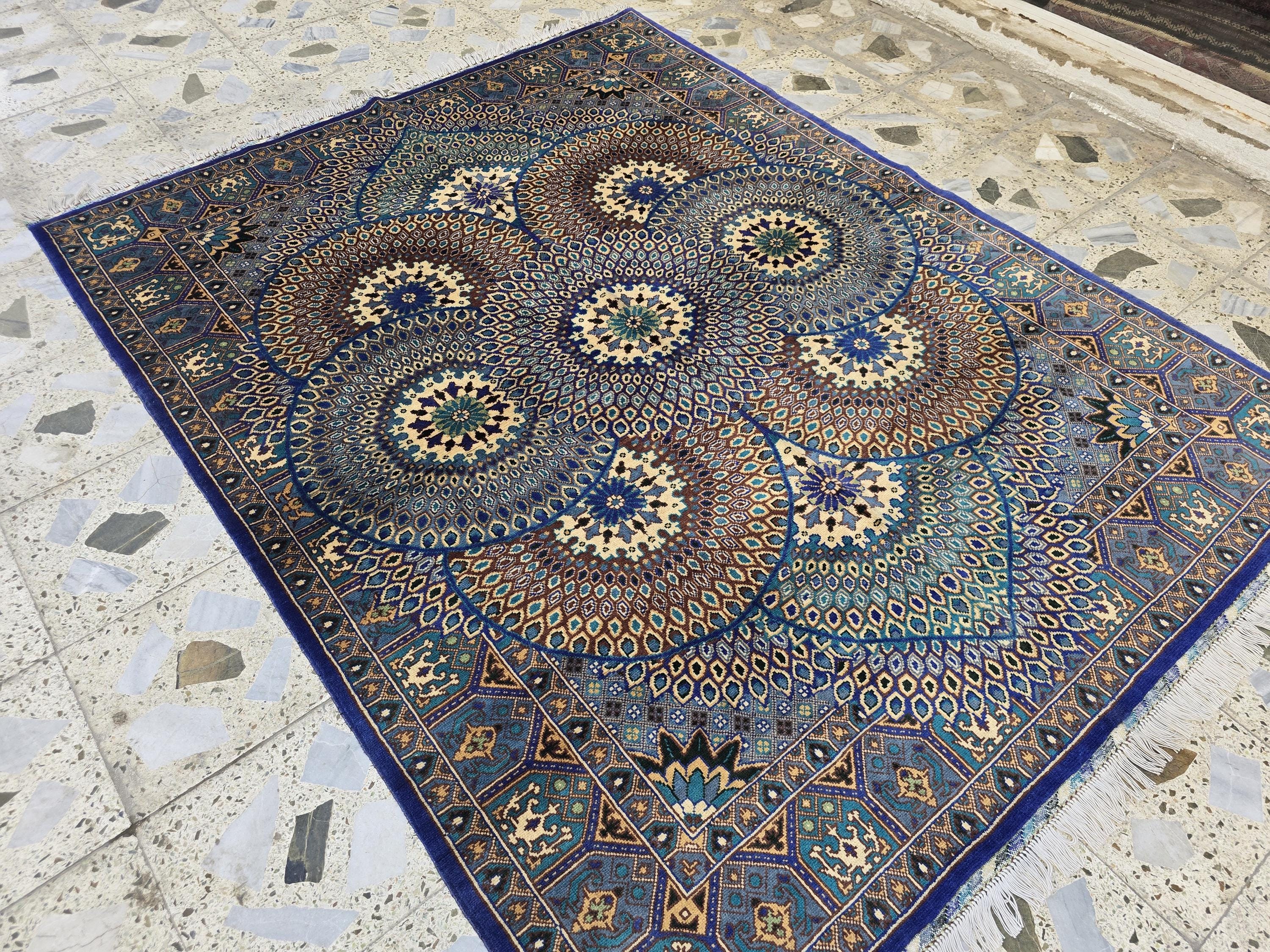 Handmade Persian Mahi Design Rug 5x7ft – Wool Area Carpet in Navy Blue, Cream & Teal – Geometric Floral Pattern – Elegant Living Room Decor