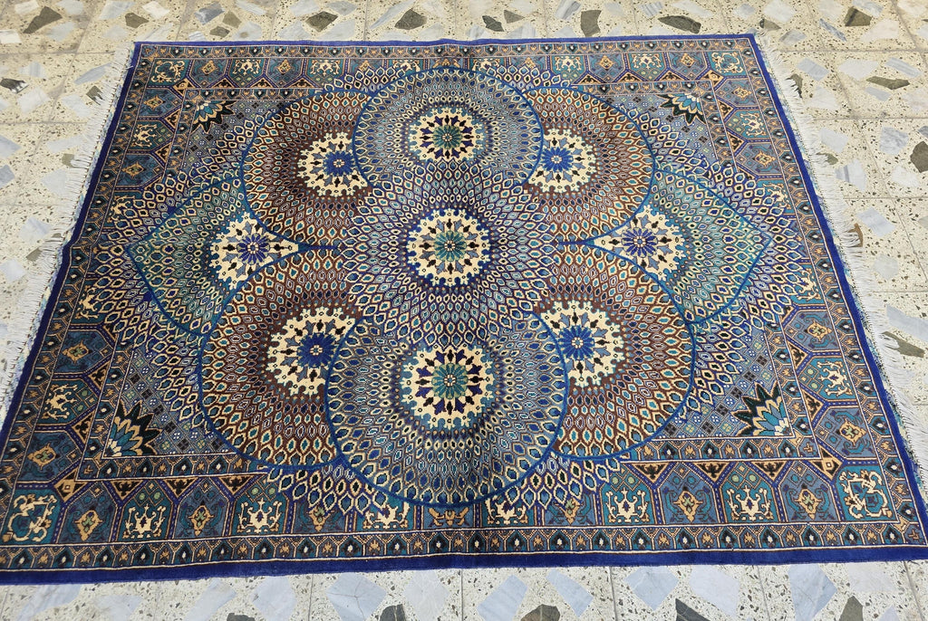 Handmade Persian Mahi Design Rug 5x7ft – Wool Area Carpet in Navy Blue, Cream & Teal – Geometric Floral Pattern – Elegant Living Room Decor