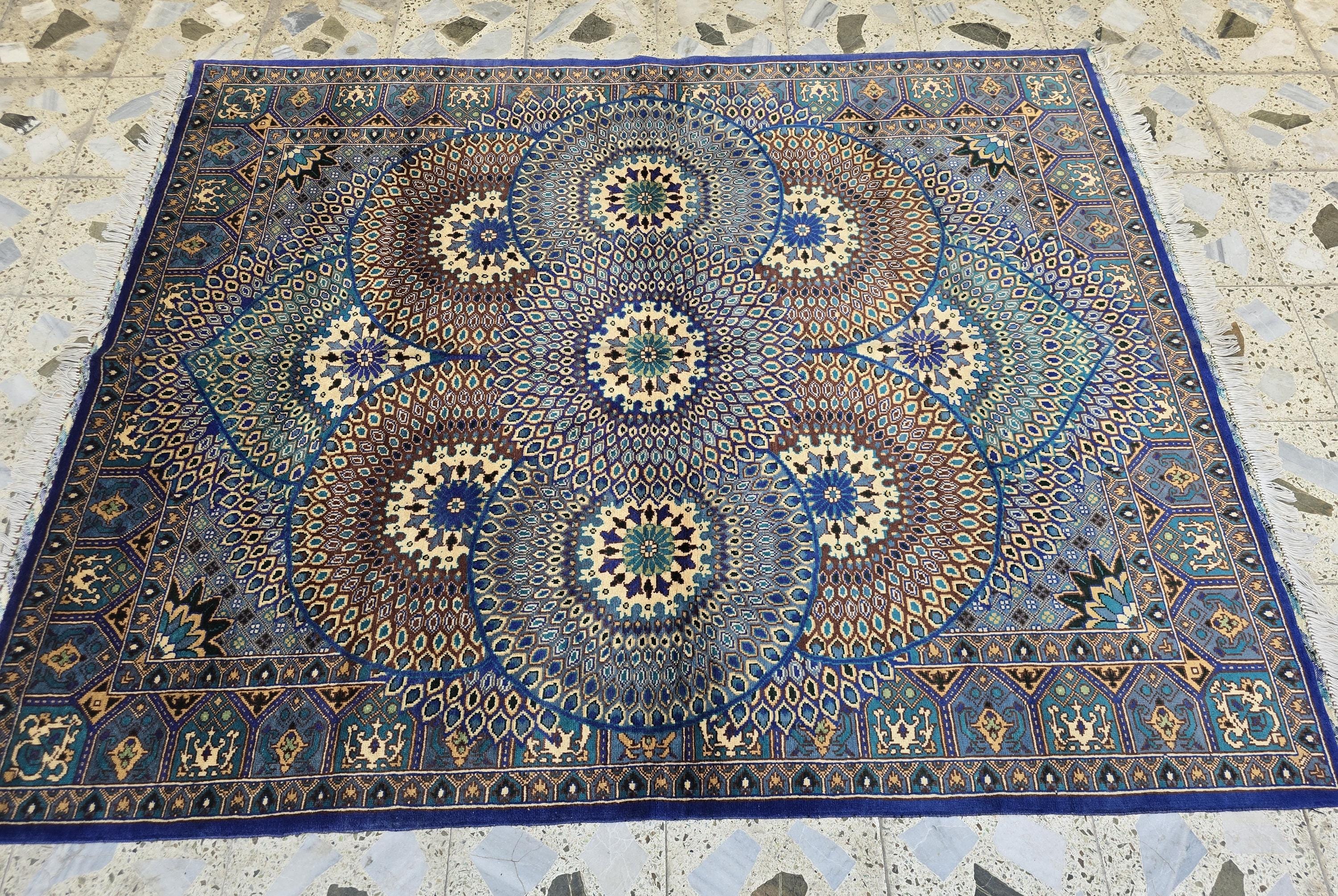 Handmade Persian Mahi Design Rug 5x7ft – Wool Area Carpet in Navy Blue, Cream & Teal – Geometric Floral Pattern – Elegant Living Room Decor