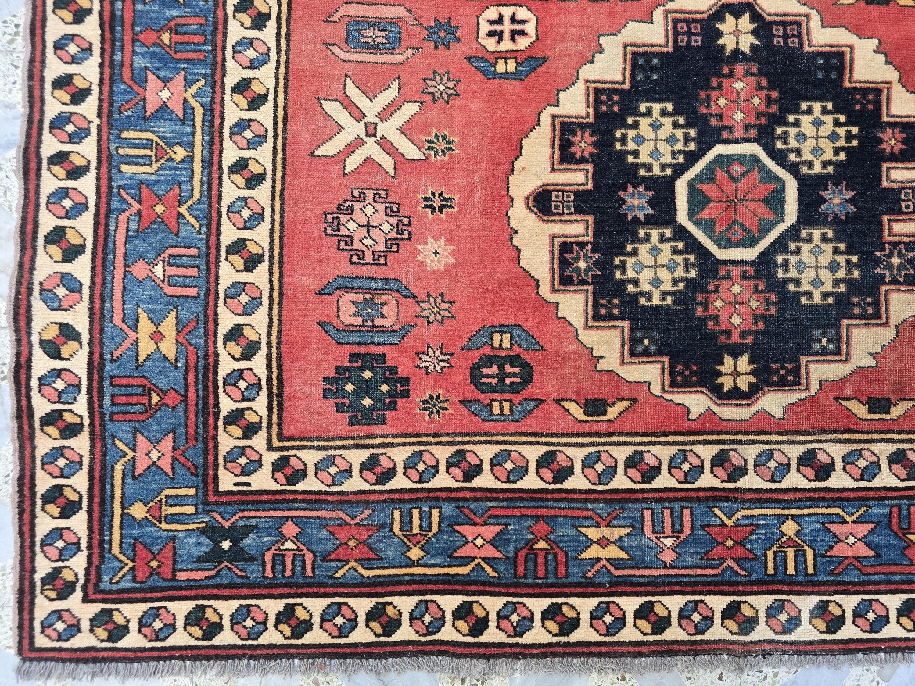 Vintage Caucasian Kazak Rug 5x6ft – Handmade Wool Tribal Rug in Red, Navy & Ivory – Collectible Geometric Medallion Carpet – Floor Decor
