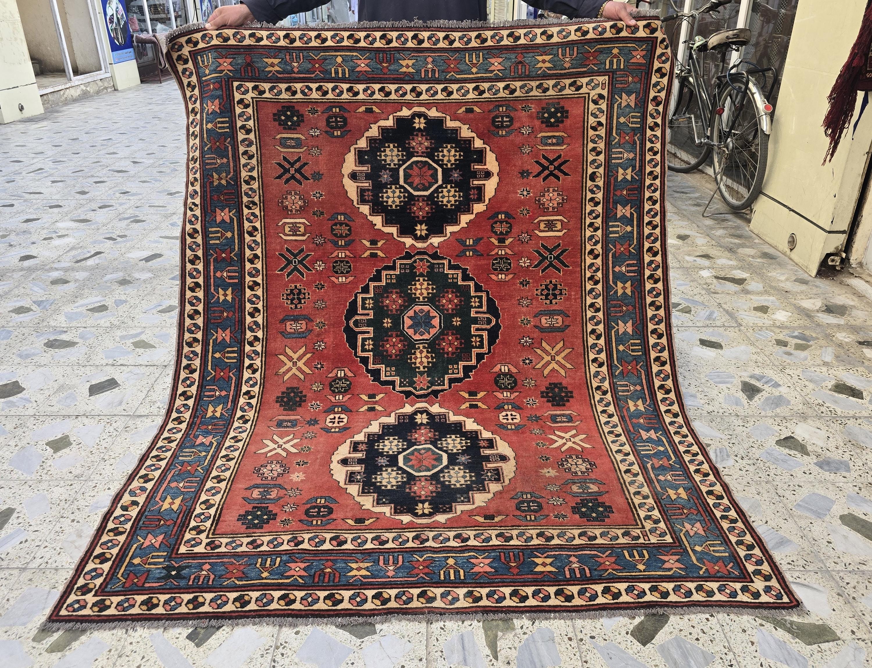 Vintage Caucasian Kazak Rug 5x6ft – Handmade Wool Tribal Rug in Red, Navy & Ivory – Collectible Geometric Medallion Carpet – Floor Decor