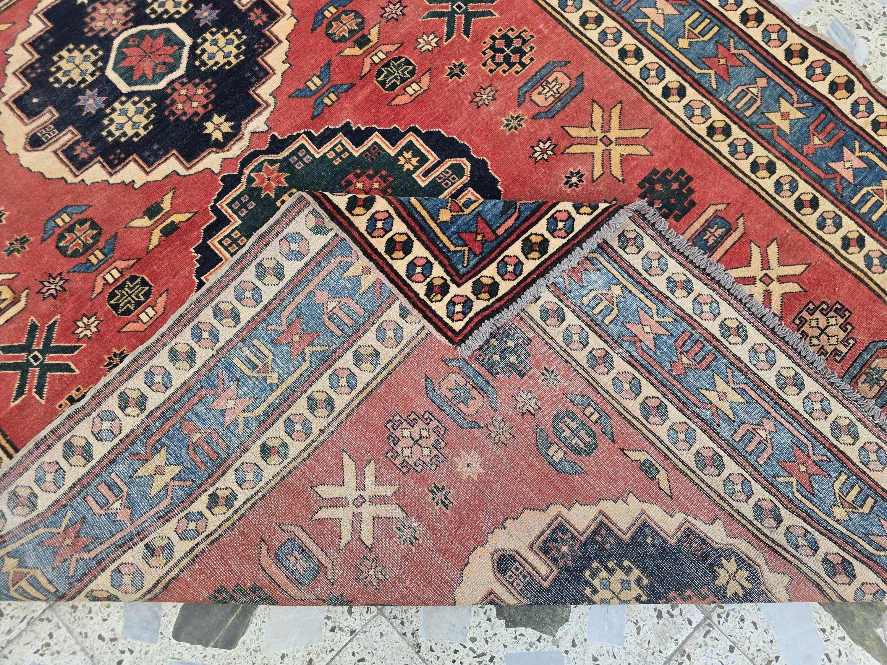 Vintage Caucasian Kazak Rug 5x6ft – Handmade Wool Tribal Rug in Red, Navy & Ivory – Collectible Geometric Medallion Carpet – Floor Decor