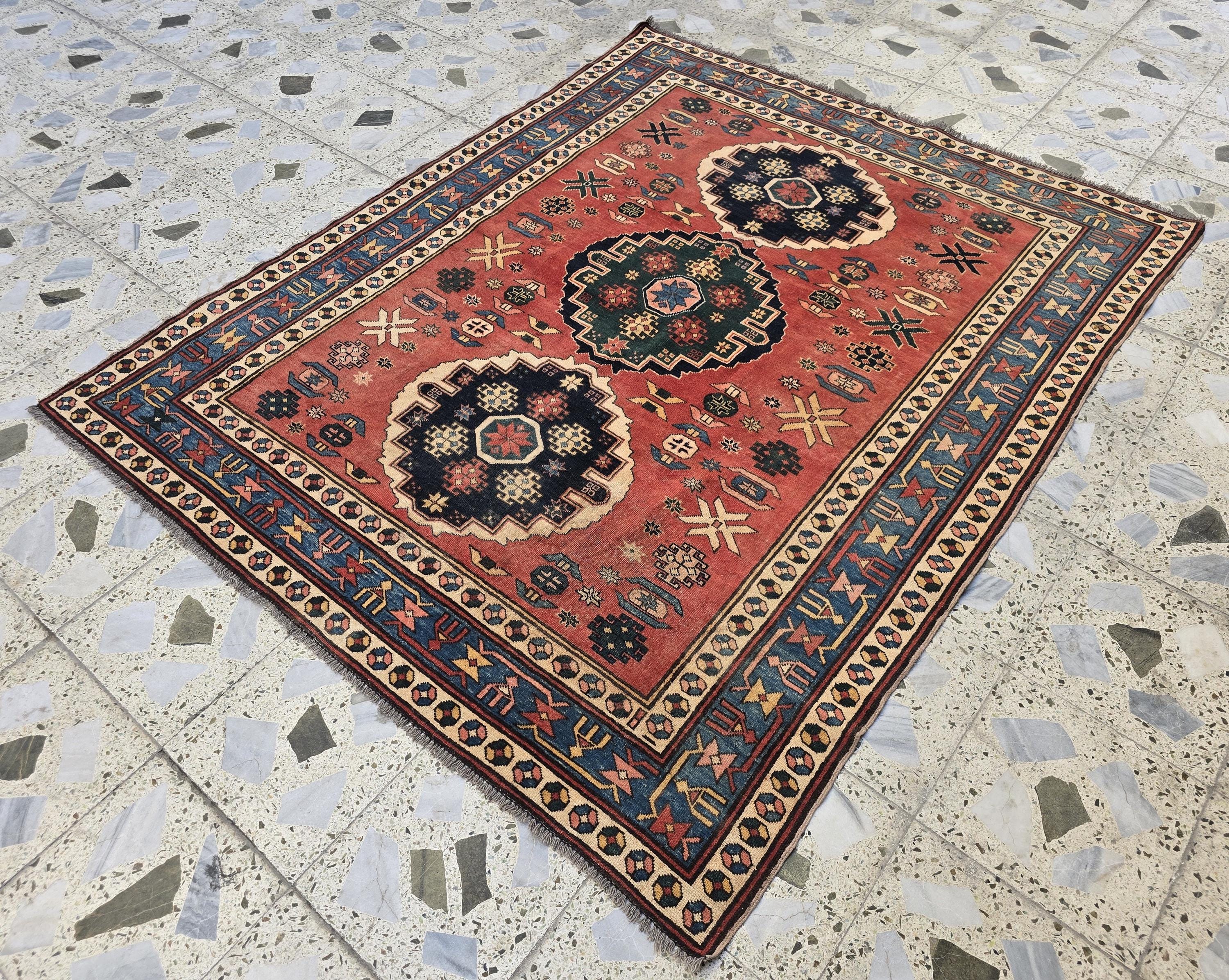 Vintage Caucasian Kazak Rug 5x6ft – Handmade Wool Tribal Rug in Red, Navy & Ivory – Collectible Geometric Medallion Carpet – Floor Decor