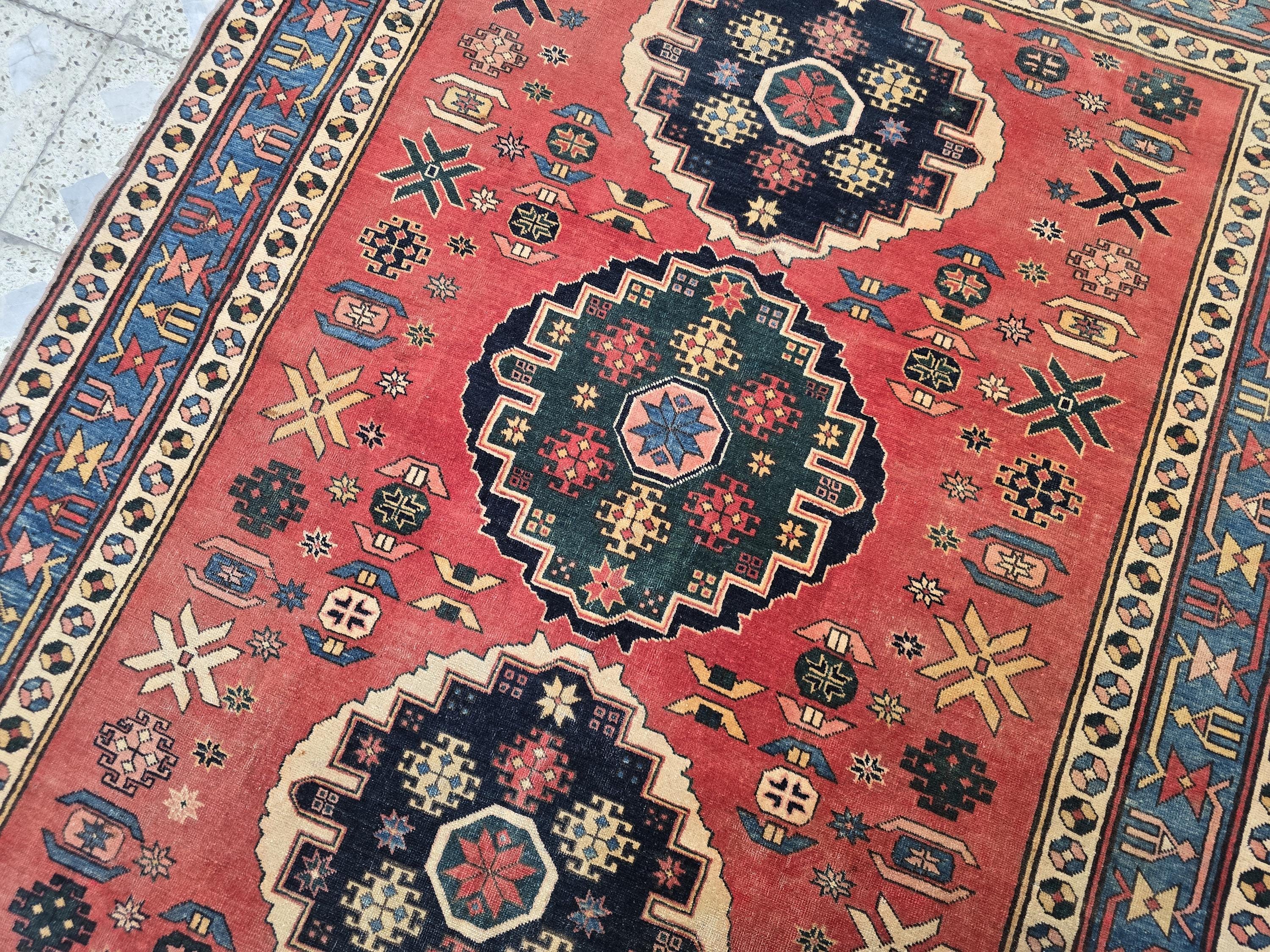 Vintage Caucasian Kazak Rug 5x6ft – Handmade Wool Tribal Rug in Red, Navy & Ivory – Collectible Geometric Medallion Carpet – Floor Decor