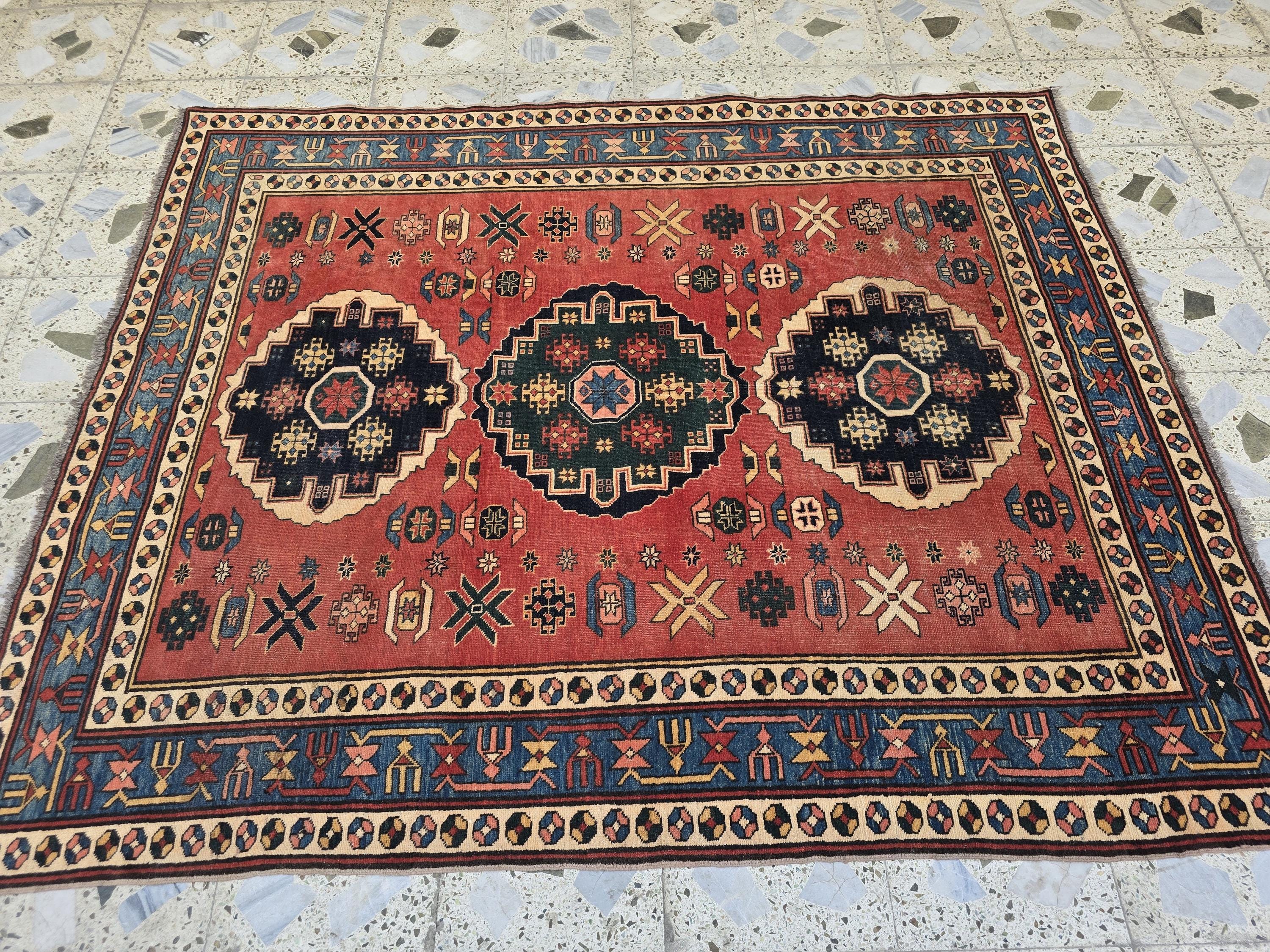 Vintage Caucasian Kazak Rug 5x6ft – Handmade Wool Tribal Rug in Red, Navy & Ivory – Collectible Geometric Medallion Carpet – Floor Decor