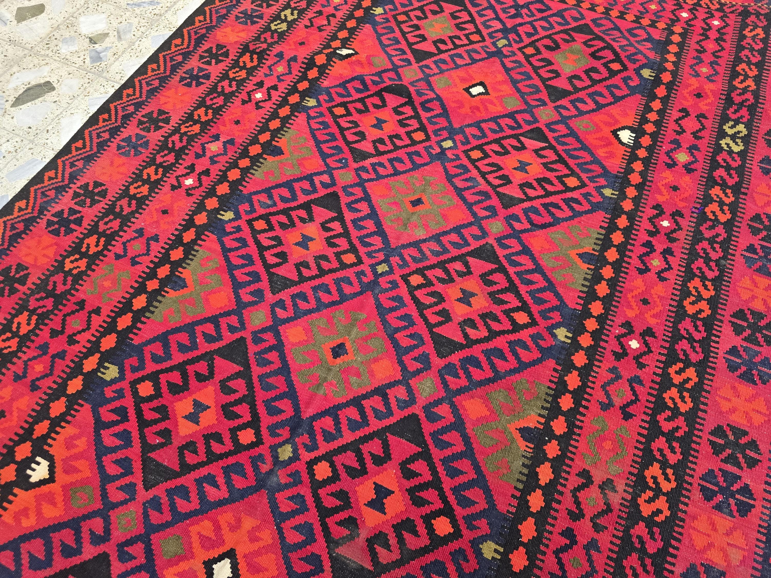 Red Kilim Rug 7x10ft – Vintage Handwoven Collectible | Boho Tribal Decor, Flatweave Area Rug, Functional & Decorative Piece, Living Room Rug
