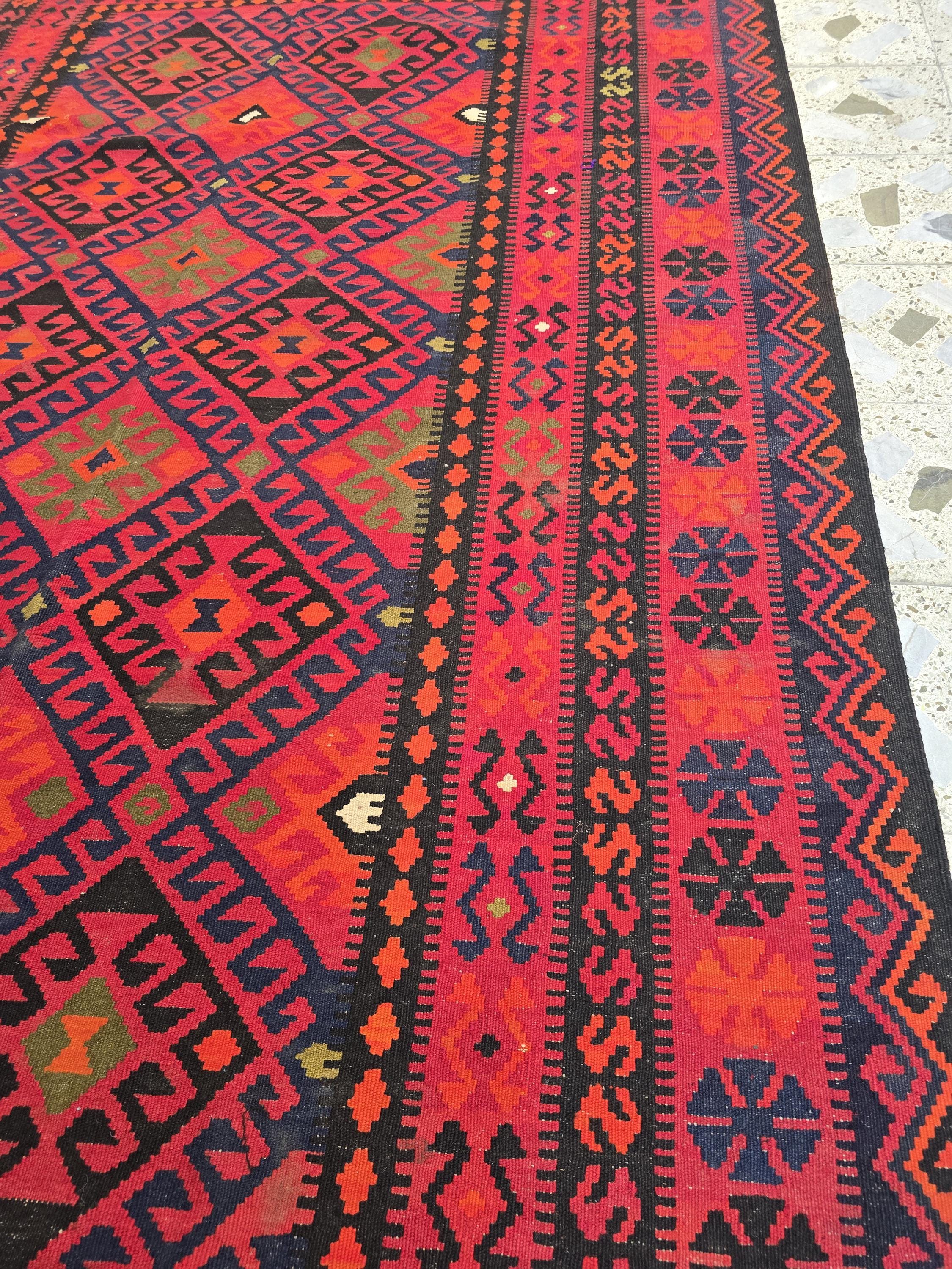 Red Kilim Rug 7x10ft – Vintage Handwoven Collectible | Boho Tribal Decor, Flatweave Area Rug, Functional & Decorative Piece, Living Room Rug