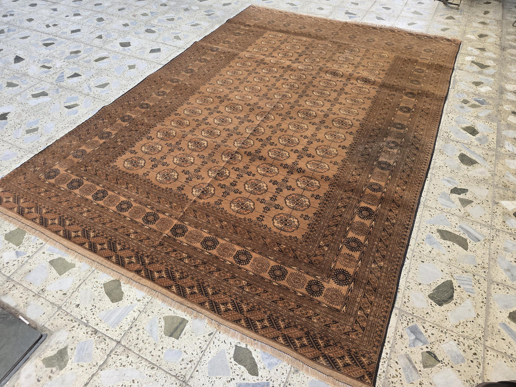 Antique Ahal Gul Rug 7x10ft – 70-Year-Old Collectible Turkoman Carpet | Rich Brown Tones, Tribal Geometric Design, Functional & Decorative