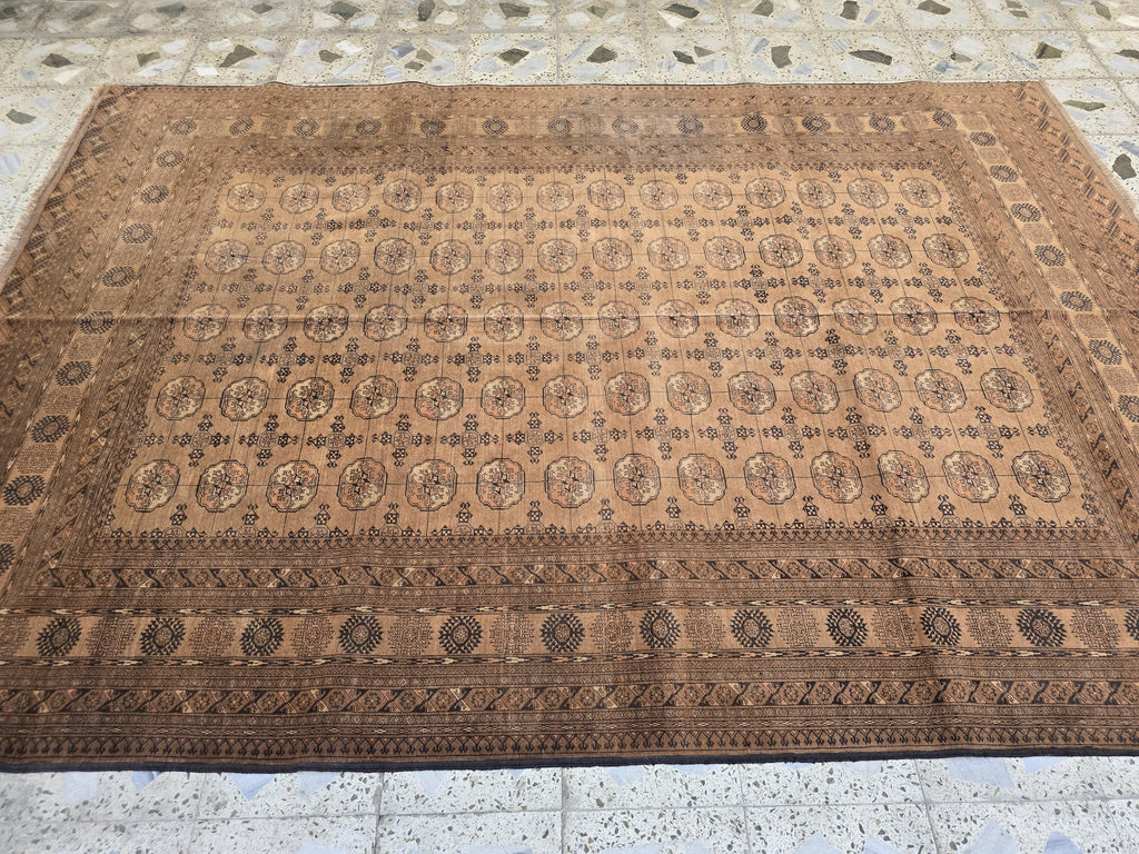 Antique Ahal Gul Rug 7x10ft – 70-Year-Old Collectible Turkoman Carpet | Rich Brown Tones, Tribal Geometric Design, Functional & Decorative