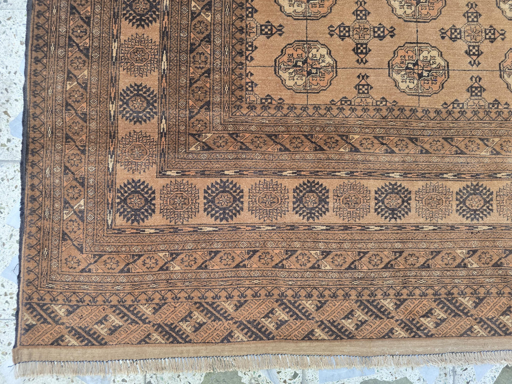 Antique Ahal Gul Rug 7x10ft – 70-Year-Old Collectible Turkoman Carpet | Rich Brown Tones, Tribal Geometric Design, Functional & Decorative