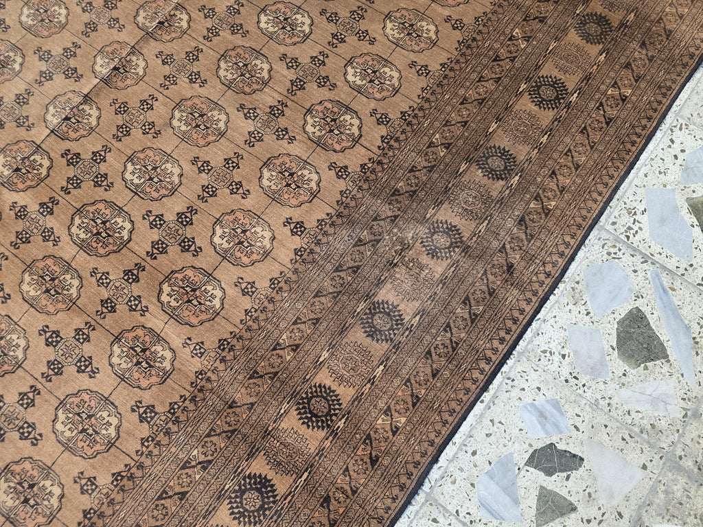 Antique Ahal Gul Rug 7x10ft – 70-Year-Old Collectible Turkoman Carpet | Rich Brown Tones, Tribal Geometric Design, Functional & Decorative