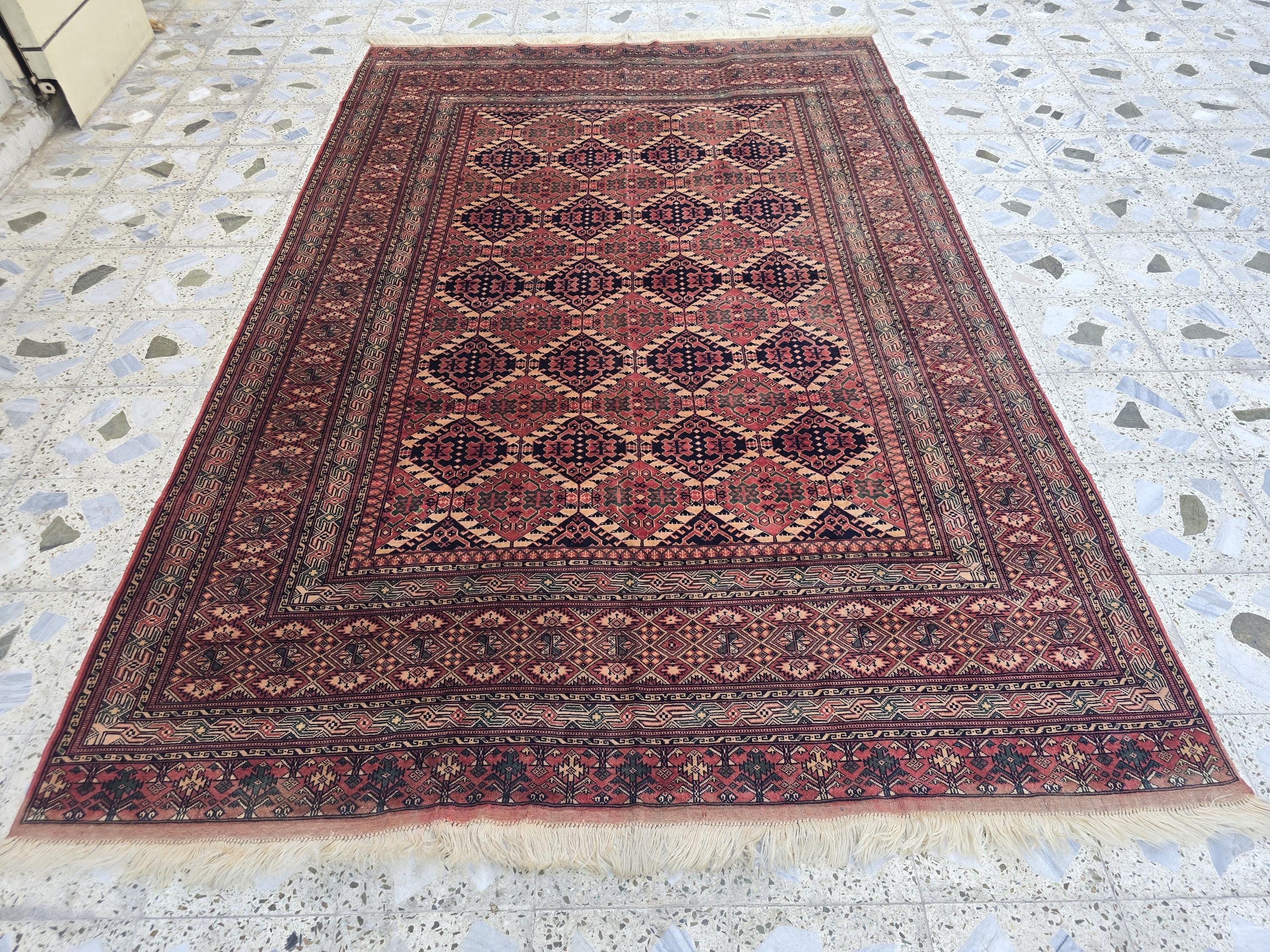 Vintage Turkoman Rug 10.1x6.4ft – Handwoven Wool Red & Black Geometric Rug | Large Tribal Afghan Carpet, Collectible Decorative Area Rug