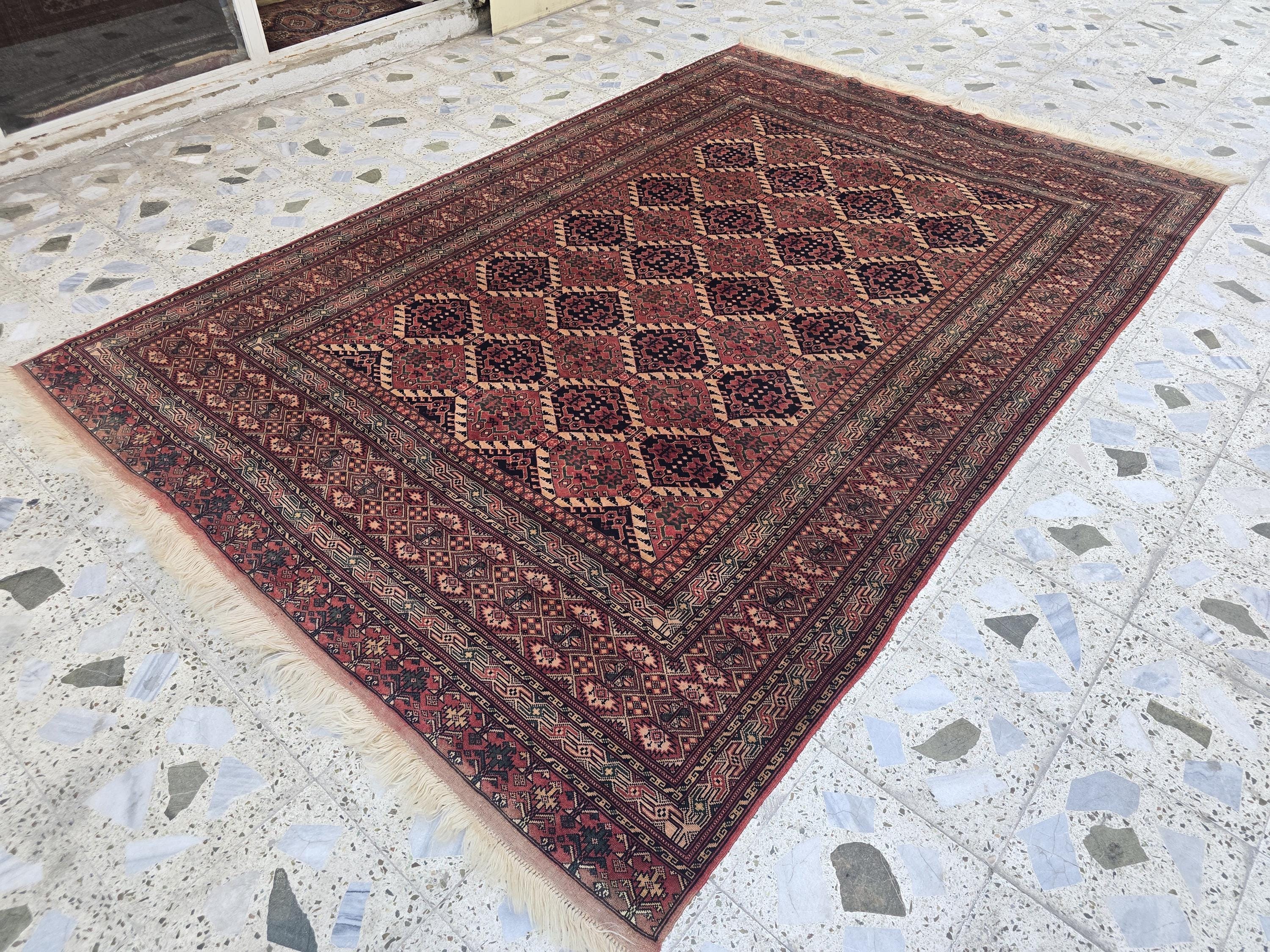 Vintage Turkoman Rug 10.1x6.4ft – Handwoven Wool Red & Black Geometric Rug | Large Tribal Afghan Carpet, Collectible Decorative Area Rug