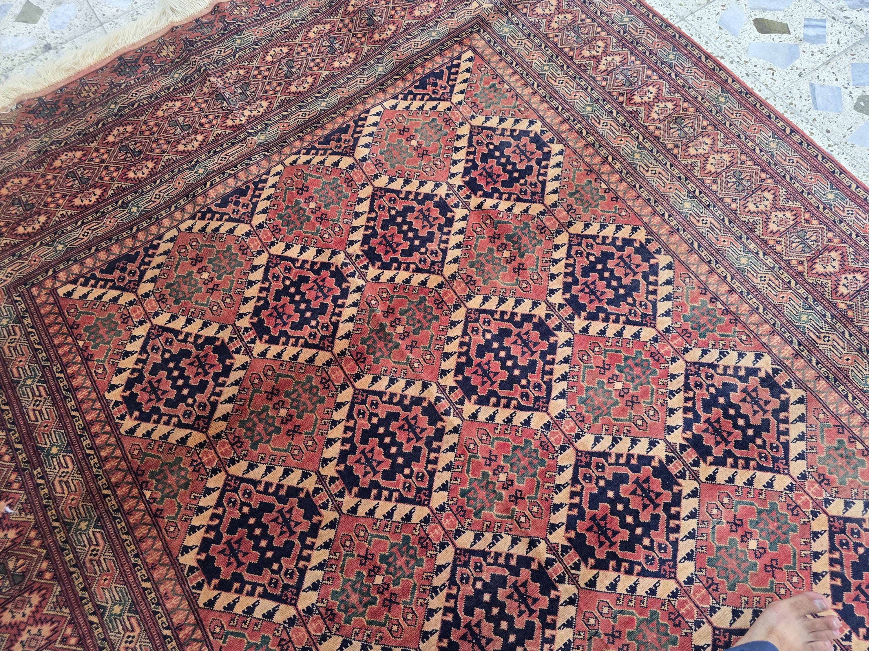 Vintage Turkoman Rug 10.1x6.4ft – Handwoven Wool Red & Black Geometric Rug | Large Tribal Afghan Carpet, Collectible Decorative Area Rug