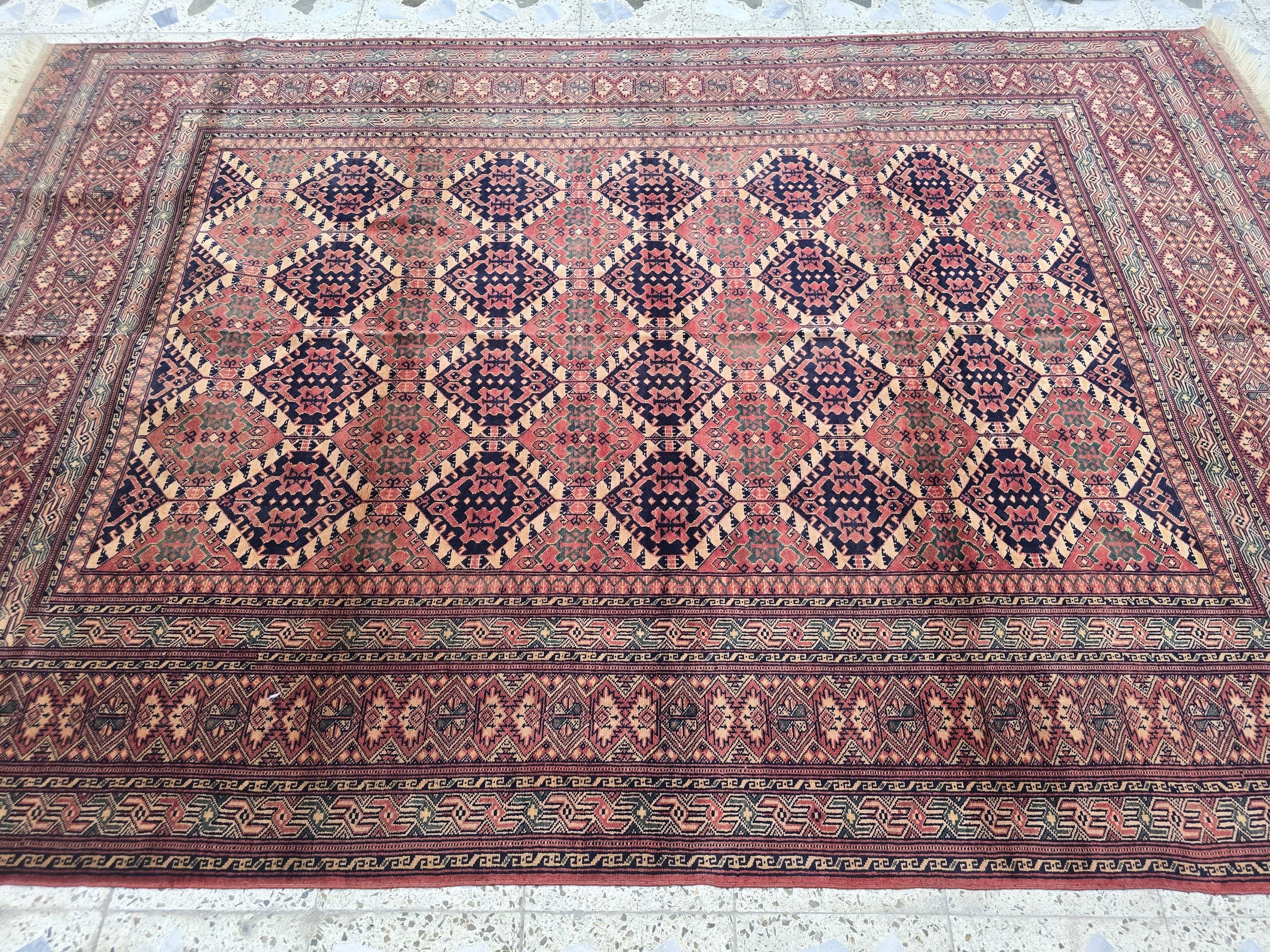 Vintage Turkoman Rug 10.1x6.4ft – Handwoven Wool Red & Black Geometric Rug | Large Tribal Afghan Carpet, Collectible Decorative Area Rug