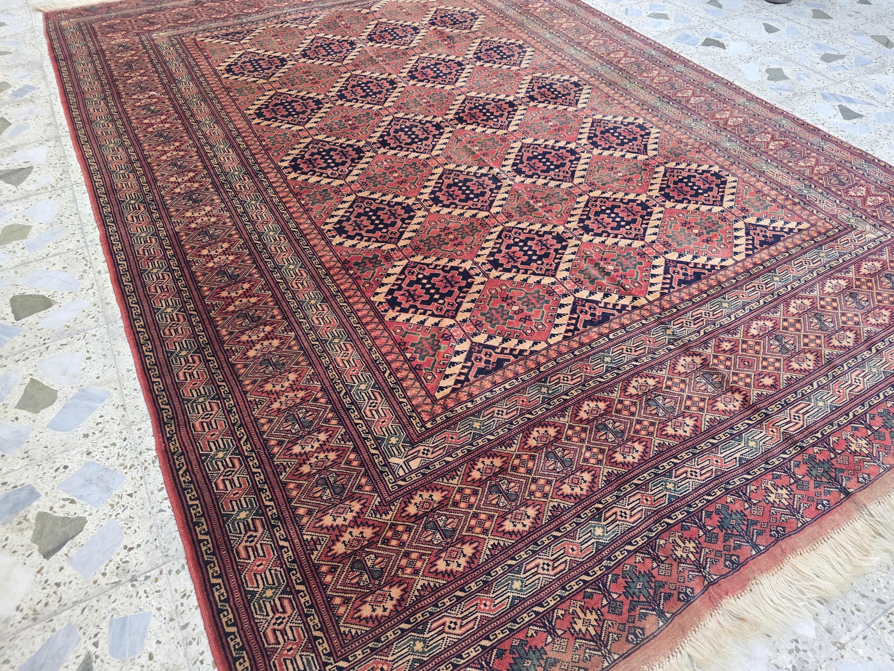 Vintage Turkoman Rug 10.1x6.4ft – Handwoven Wool Red & Black Geometric Rug | Large Tribal Afghan Carpet, Collectible Decorative Area Rug