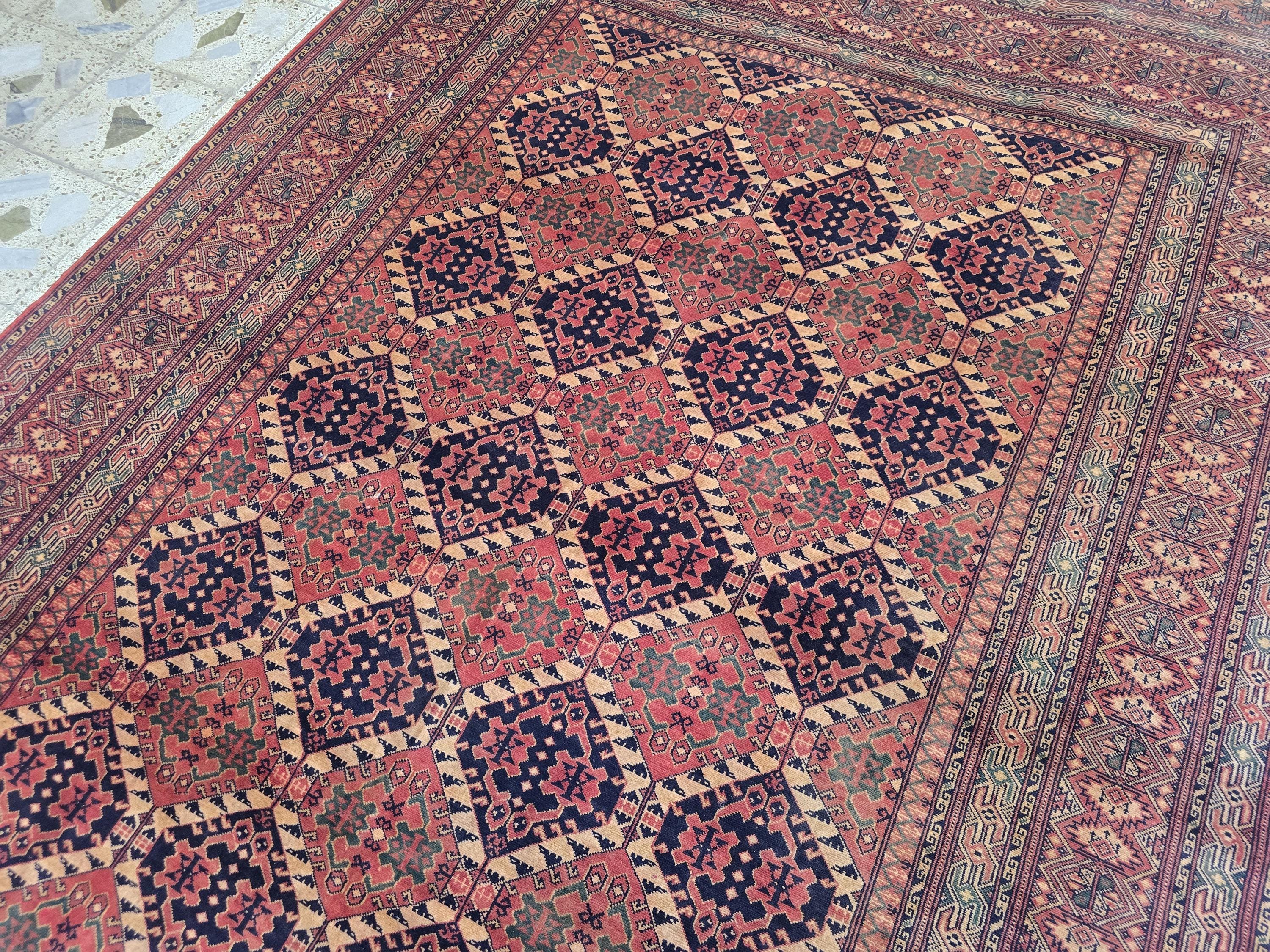 Vintage Turkoman Rug 10.1x6.4ft – Handwoven Wool Red & Black Geometric Rug | Large Tribal Afghan Carpet, Collectible Decorative Area Rug