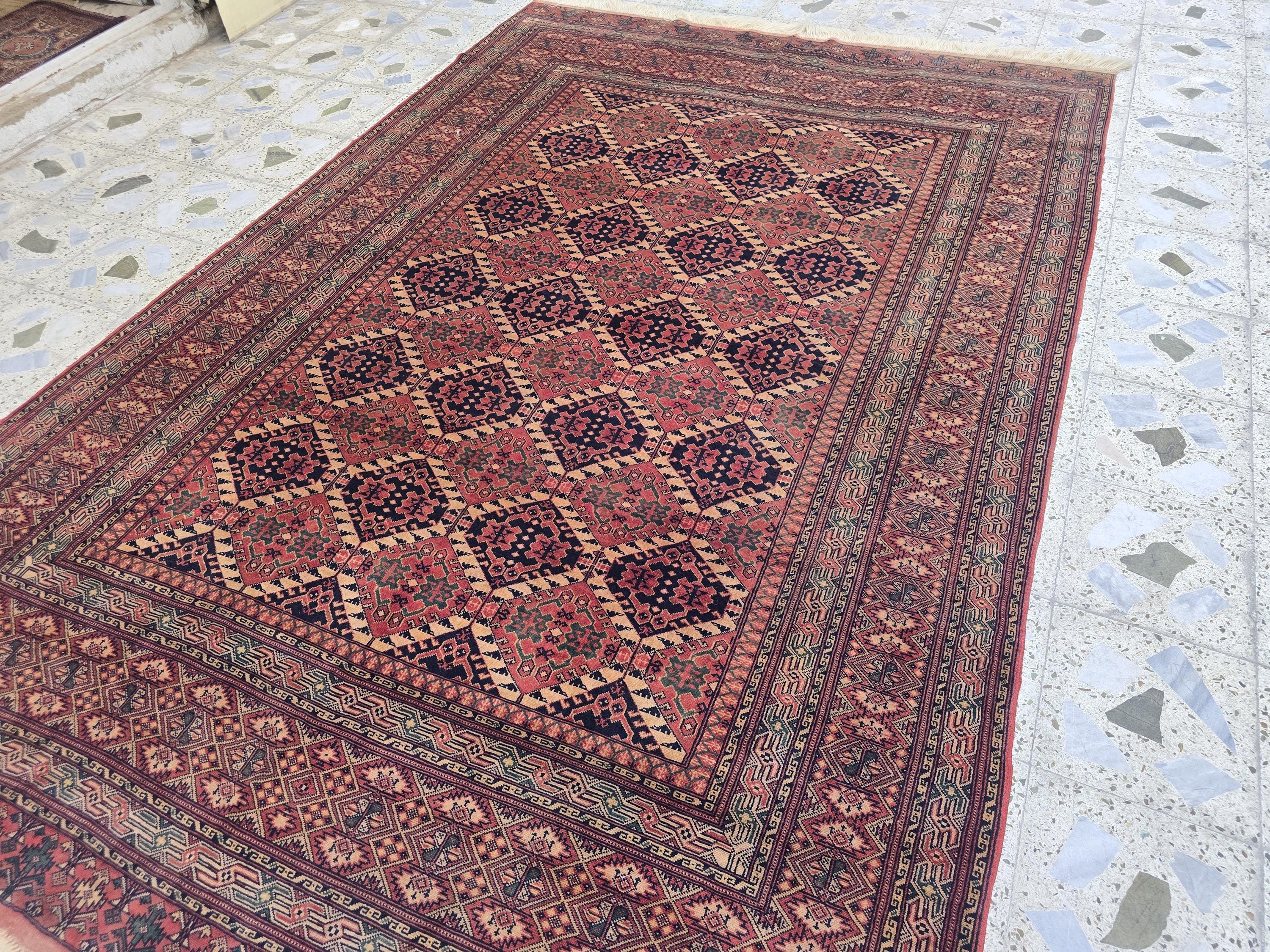 Vintage Turkoman Rug 10.1x6.4ft – Handwoven Wool Red & Black Geometric Rug | Large Tribal Afghan Carpet, Collectible Decorative Area Rug