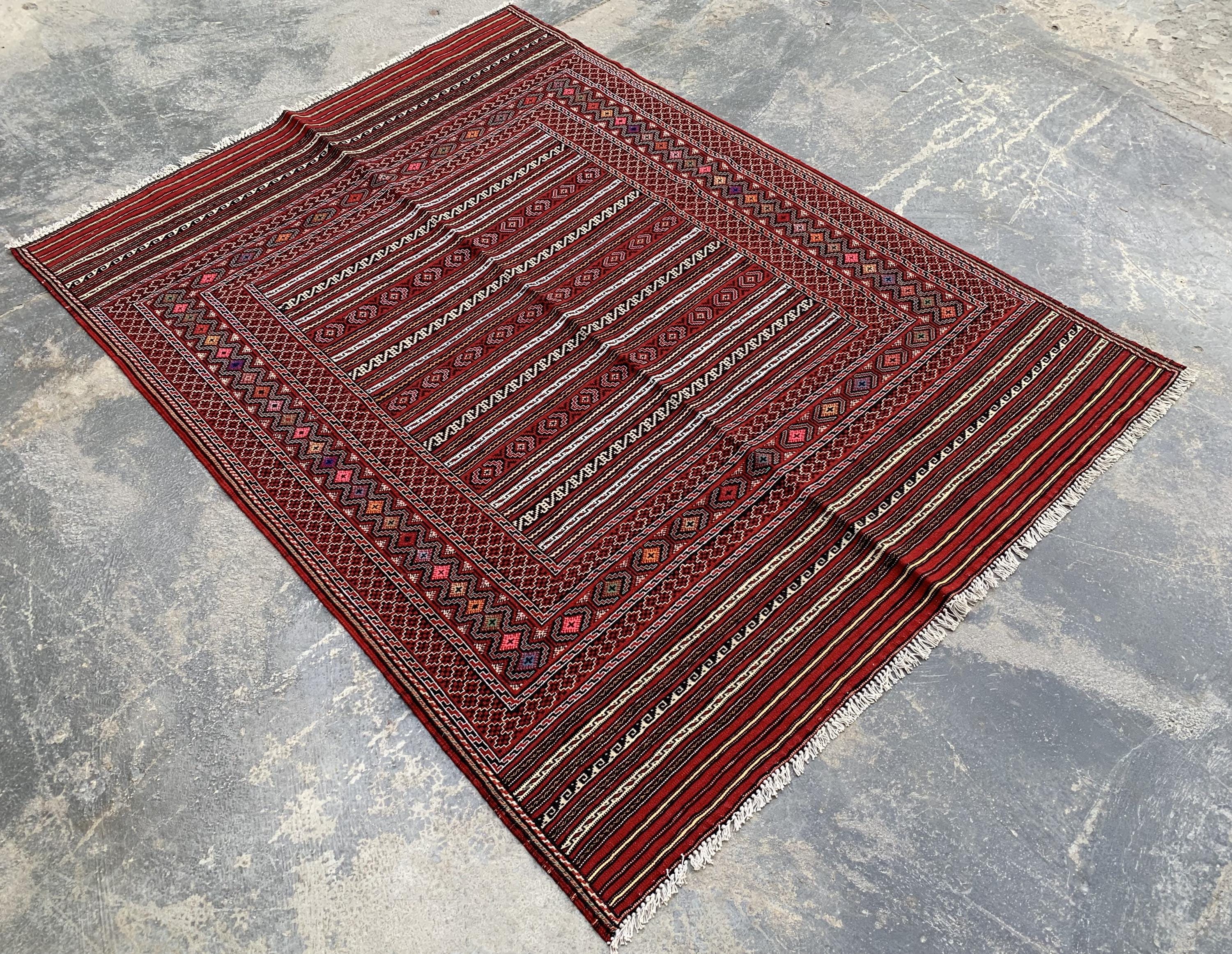 4x6 ft Afghan Kilim Rug – Handwoven Wool Tribal Carpet, Red Geometric Flatweave, Boho Nomadic Floor Mat, Vintage Ethnic Home Decor 188x136cm