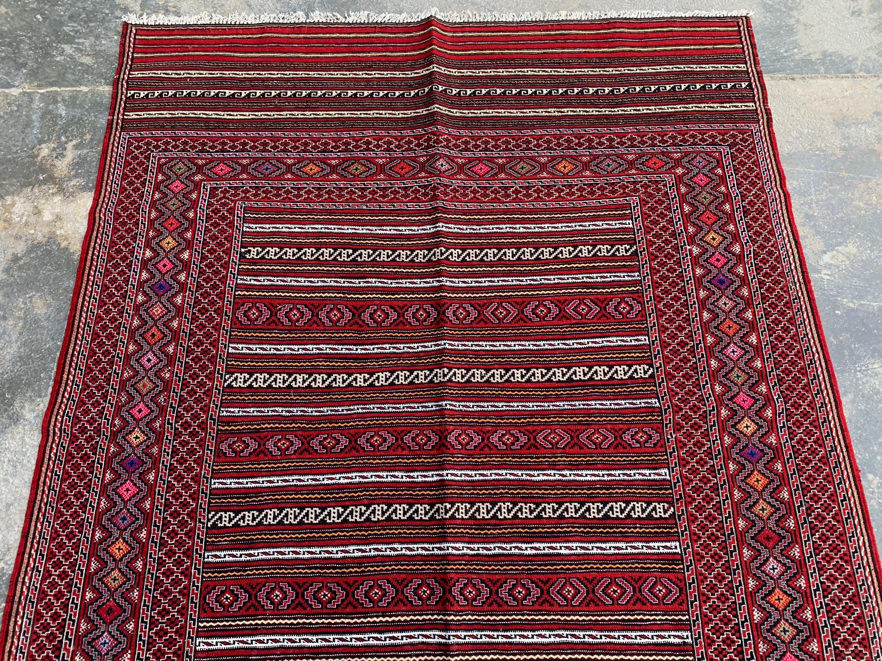 4x6 ft Afghan Kilim Rug – Handwoven Wool Tribal Carpet, Red Geometric Flatweave, Boho Nomadic Floor Mat, Vintage Ethnic Home Decor 188x136cm