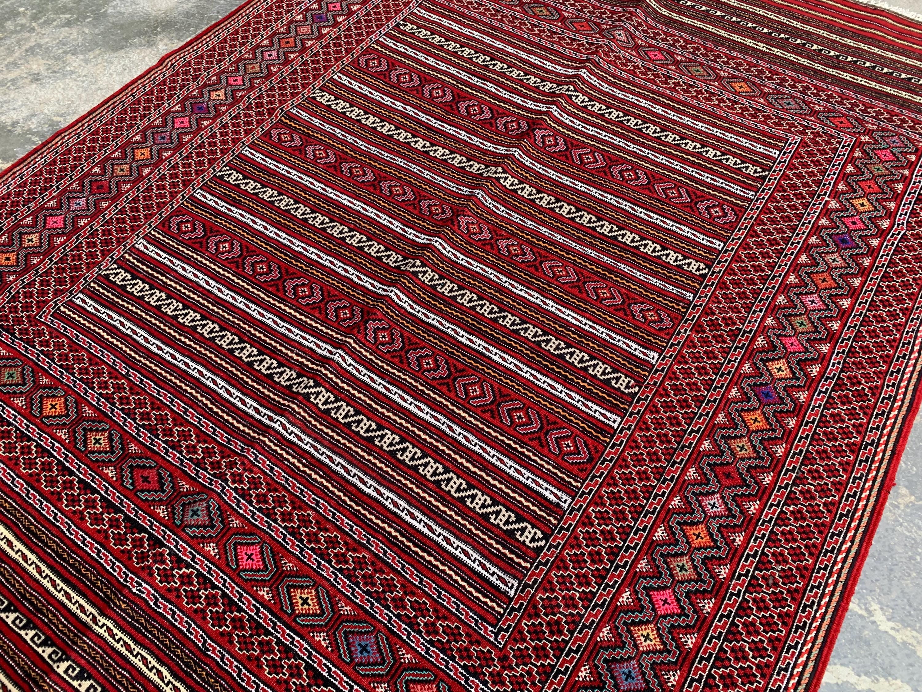 4x6 ft Afghan Kilim Rug – Handwoven Wool Tribal Carpet, Red Geometric Flatweave, Boho Nomadic Floor Mat, Vintage Ethnic Home Decor 188x136cm