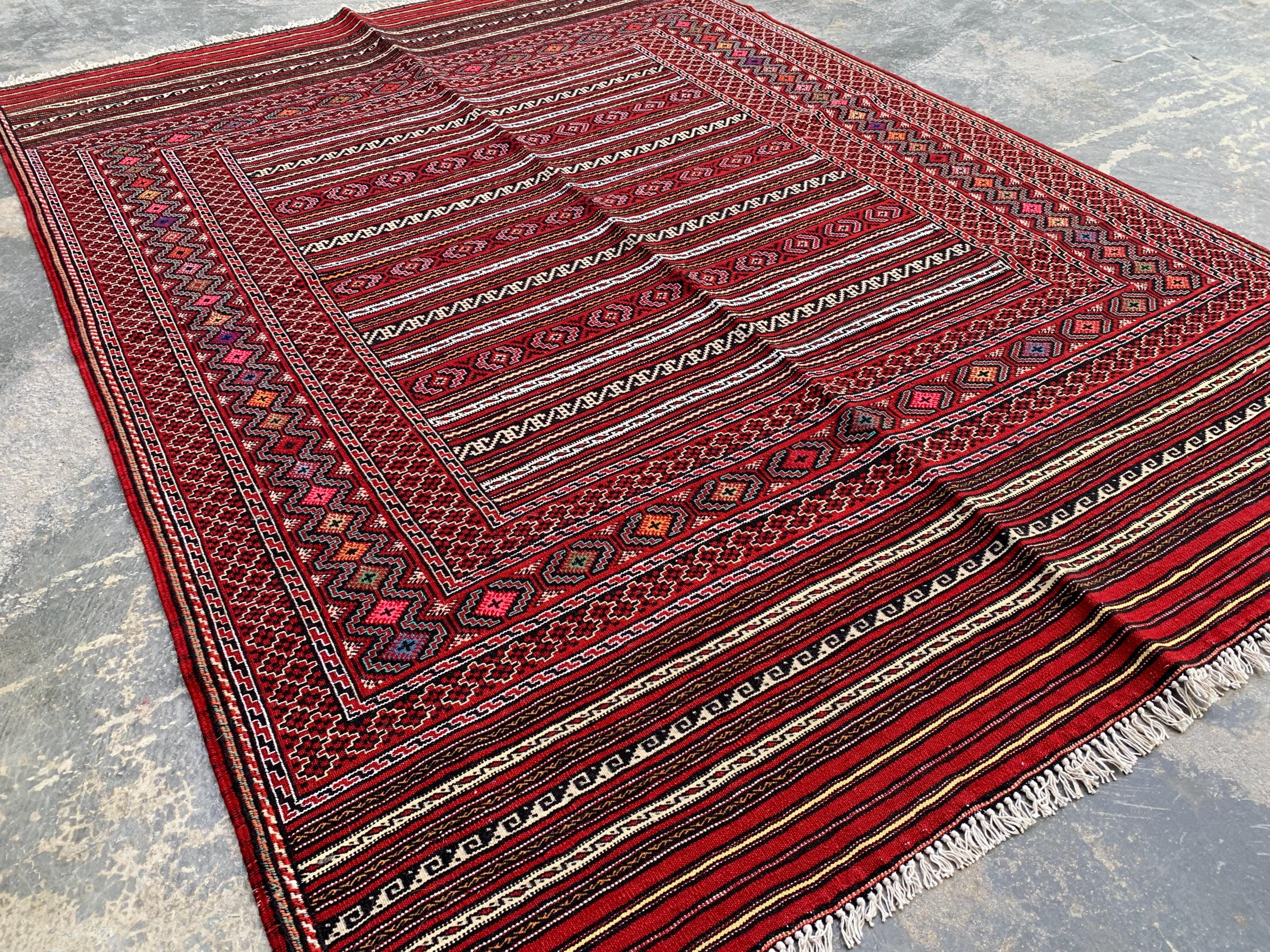 4x6 ft Afghan Kilim Rug – Handwoven Wool Tribal Carpet, Red Geometric Flatweave, Boho Nomadic Floor Mat, Vintage Ethnic Home Decor 188x136cm